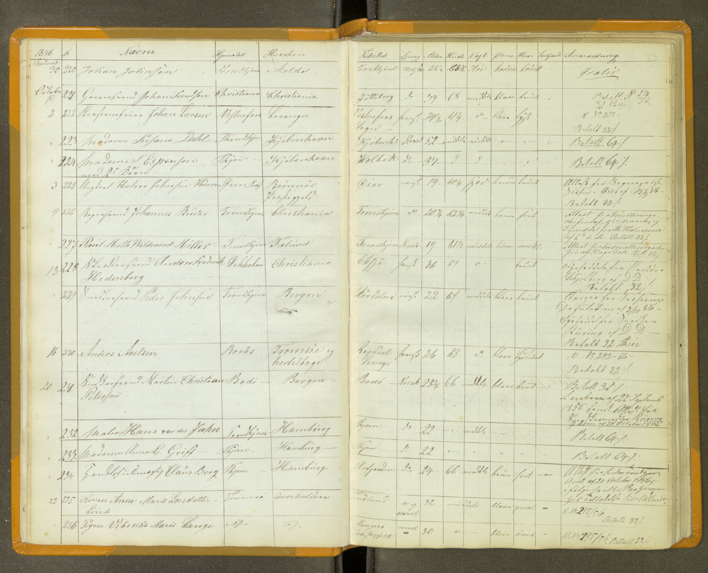 Trondheim politikammer, AV/SAT-A-1887/1/30/L0011: Passprotokoll. Utstedte pass 1855-1890. Utstede og forviste handelsbrev 1857-1860, 1855-1890, p. 22b-23a