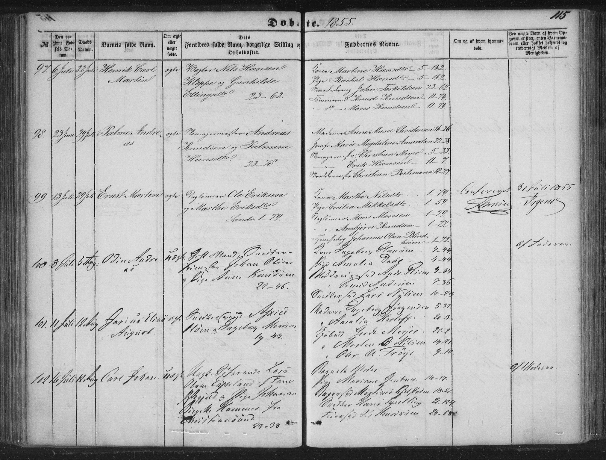 Korskirken sokneprestembete, AV/SAB-A-76101/H/Haa/L0017: Parish register (official) no. B 3, 1851-1857, p. 115