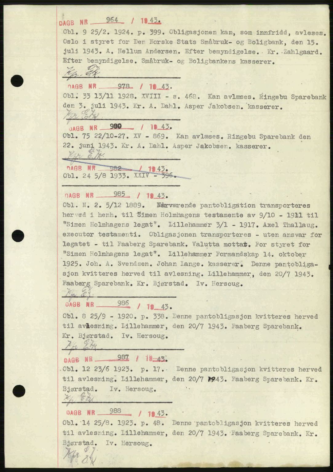 Sør-Gudbrandsdal tingrett, SAH/TING-004/H/Hb/Hbf/L0002: Mortgage book no. C1, 1938-1951, Diary no: : 964/1943