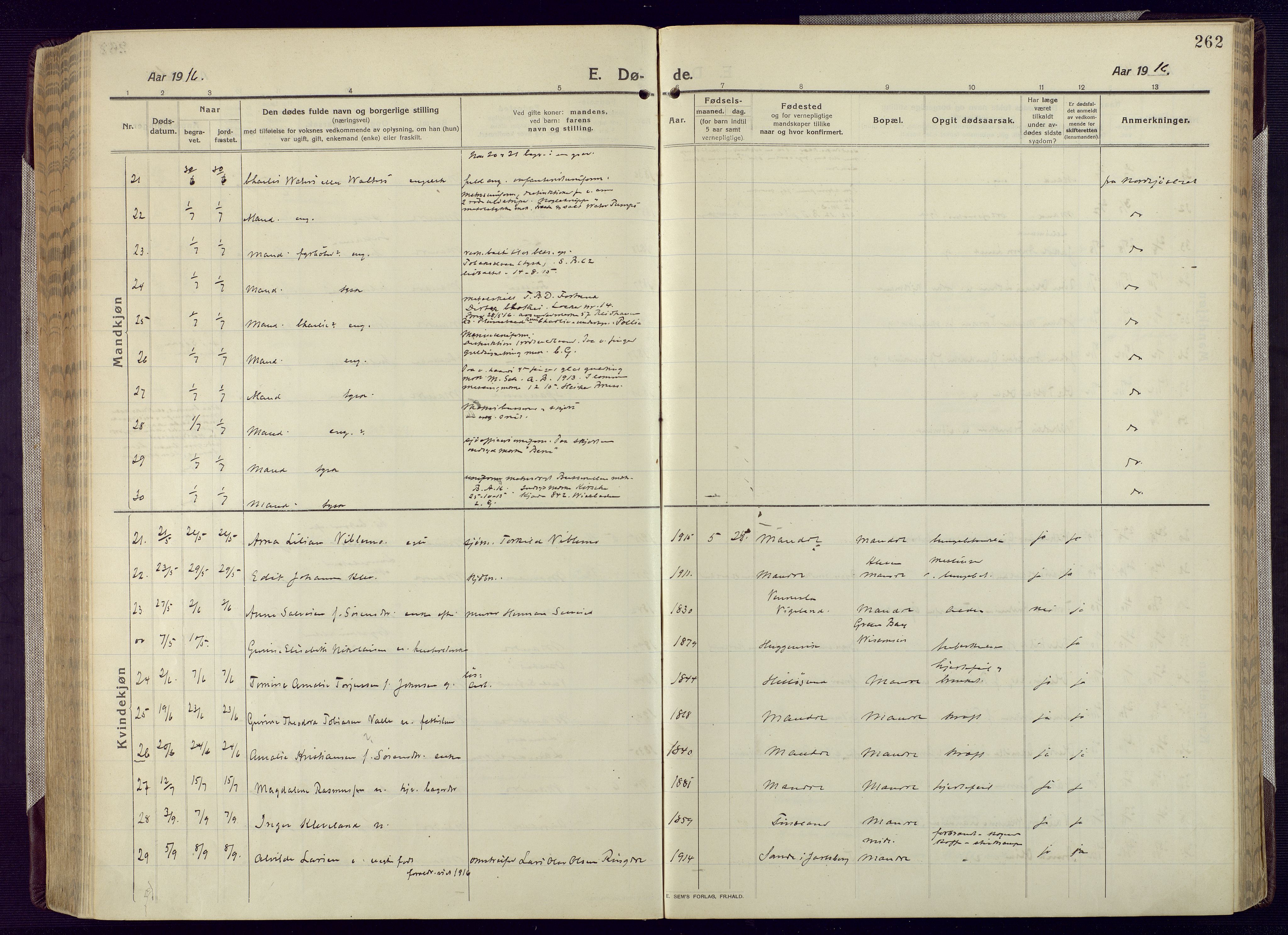 Mandal sokneprestkontor, AV/SAK-1111-0030/F/Fa/Fac/L0001: Parish register (official) no. A 1, 1913-1925, p. 262