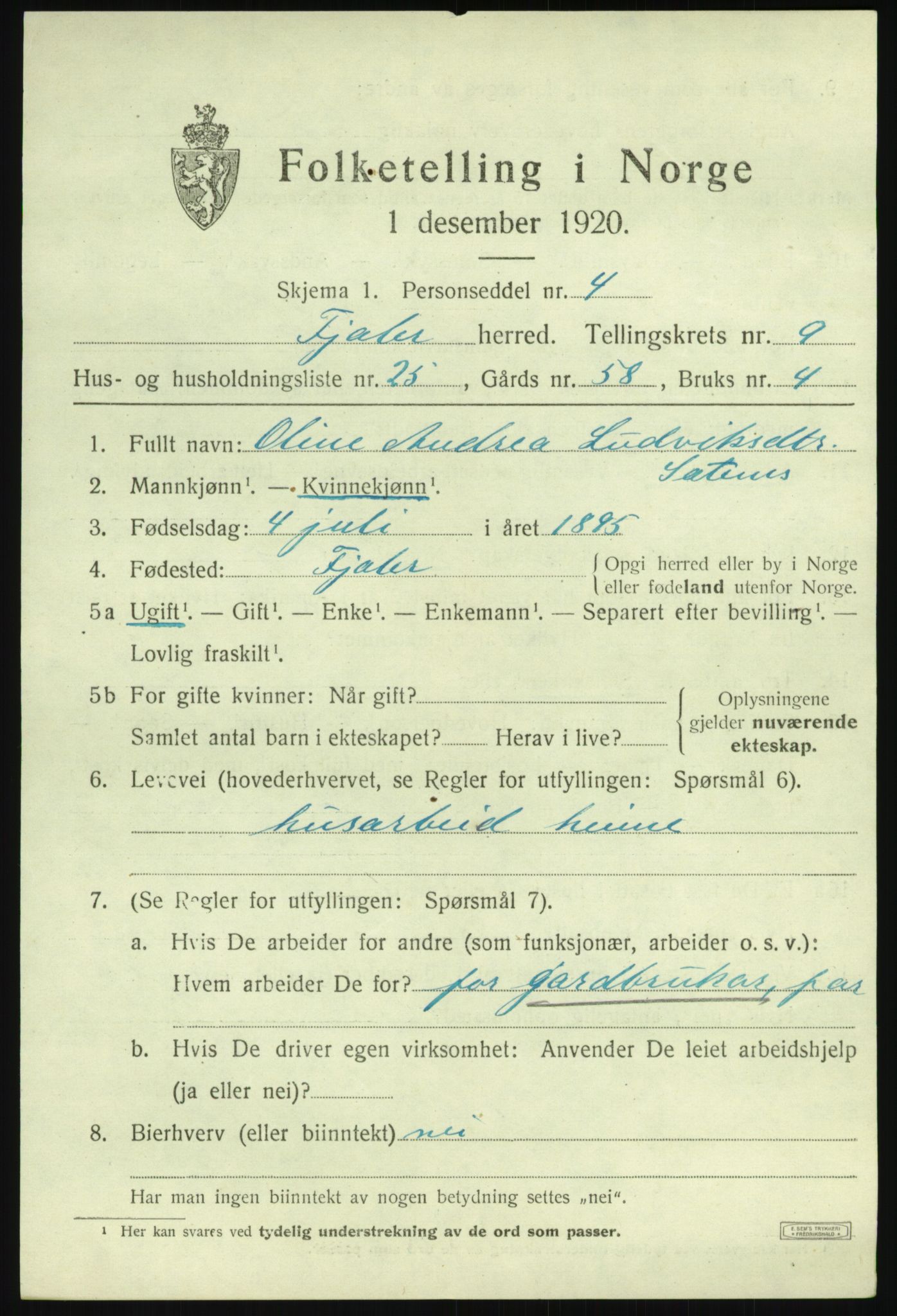 SAB, 1920 census for Fjaler, 1920, p. 4943