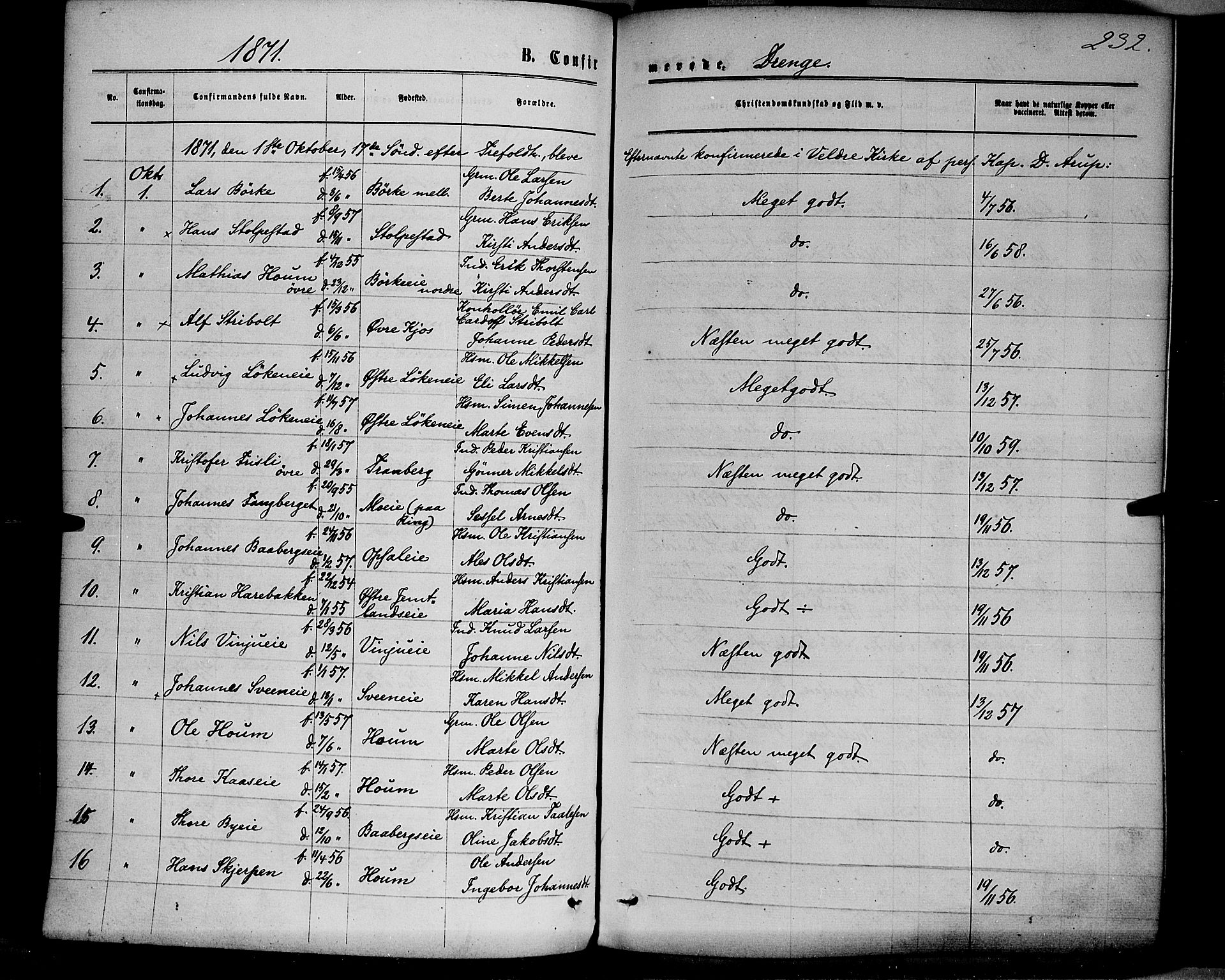 Ringsaker prestekontor, SAH/PREST-014/K/Ka/L0011: Parish register (official) no. 11, 1870-1878, p. 232