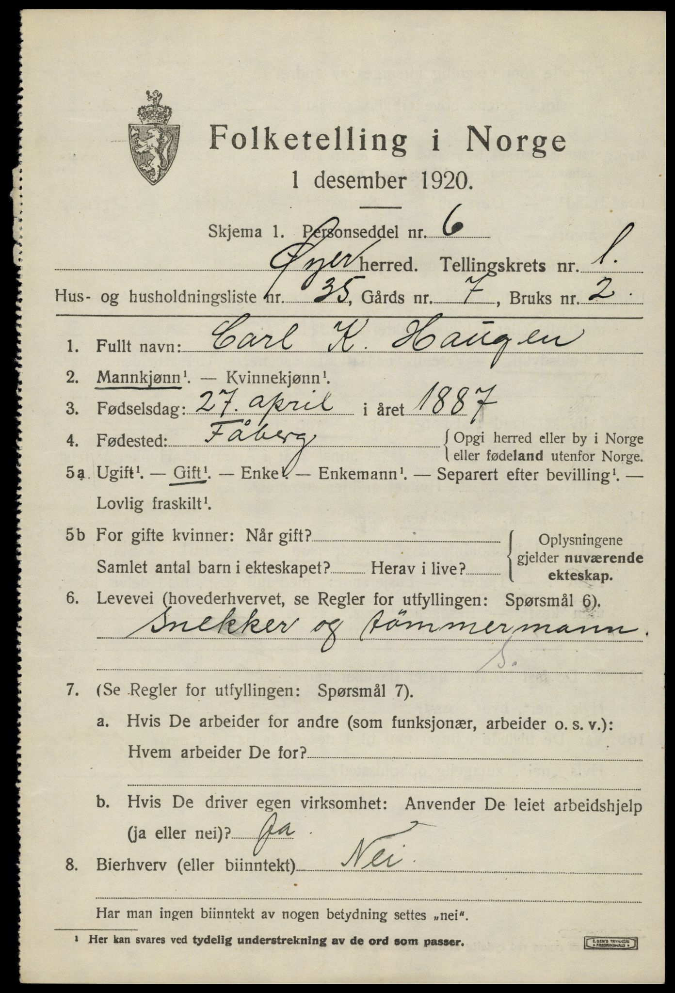 SAH, 1920 census for Øyer, 1920, p. 1601