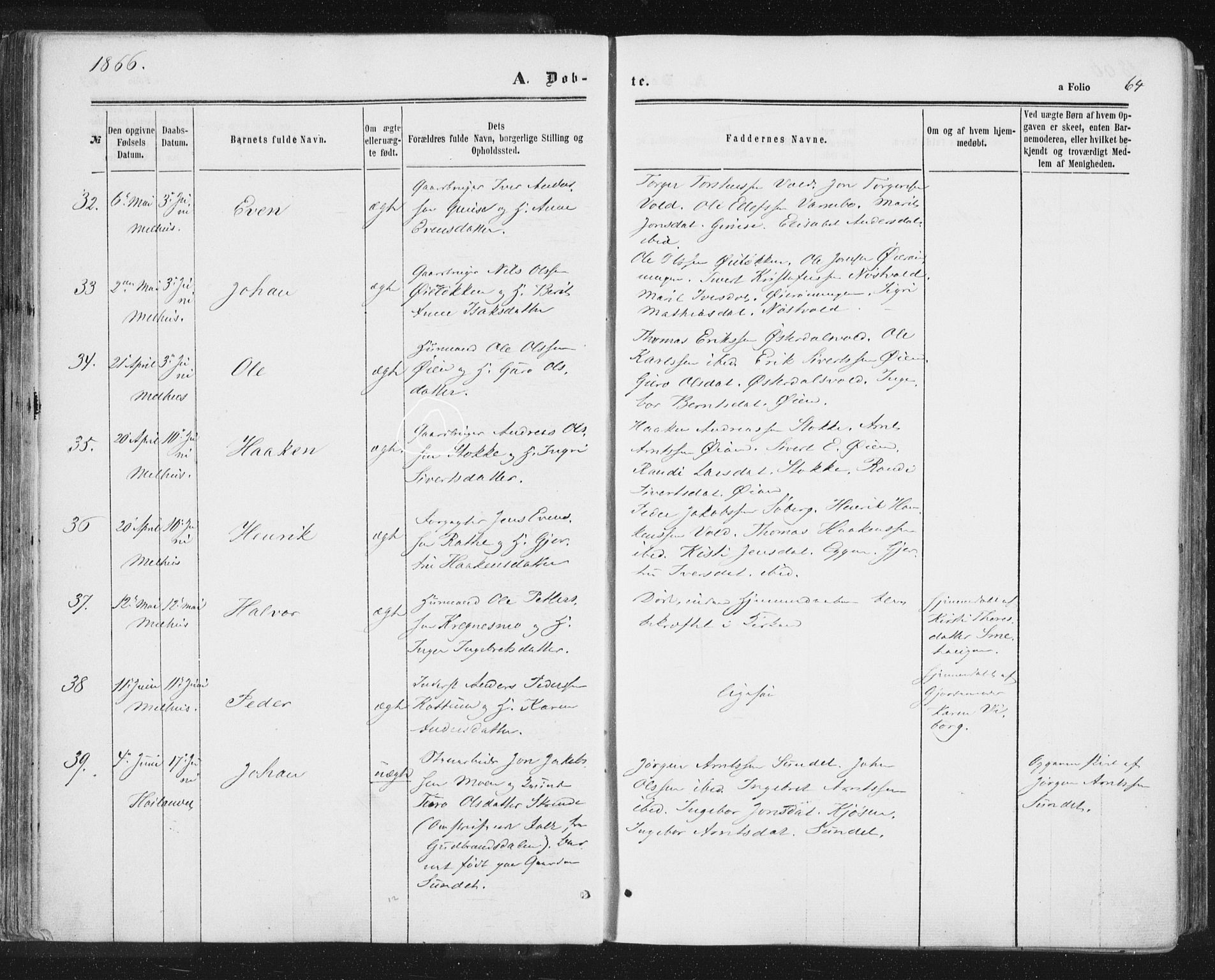 Ministerialprotokoller, klokkerbøker og fødselsregistre - Sør-Trøndelag, SAT/A-1456/691/L1077: Parish register (official) no. 691A09, 1862-1873, p. 64