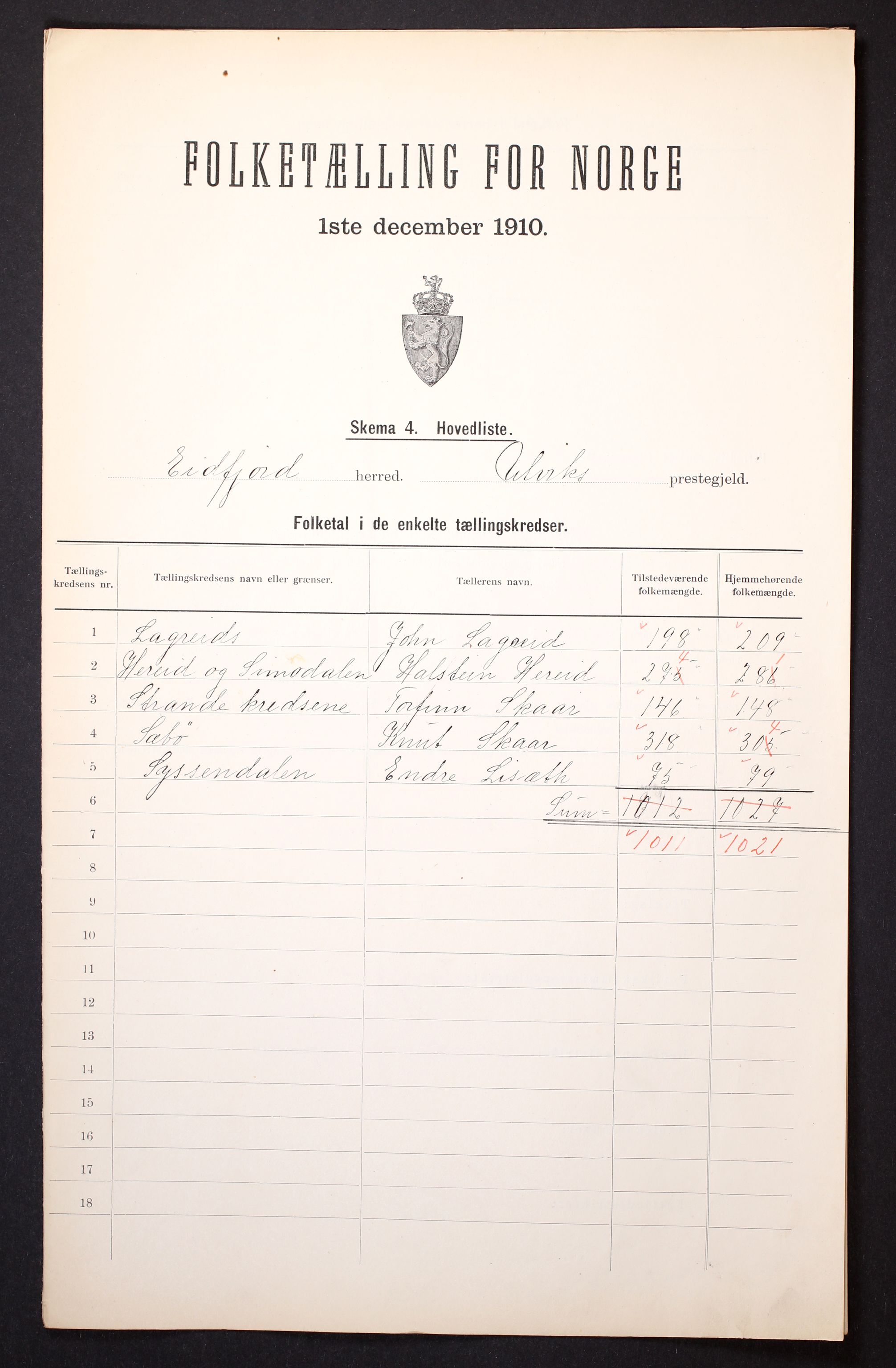 RA, 1910 census for Eidfjord, 1910, p. 2