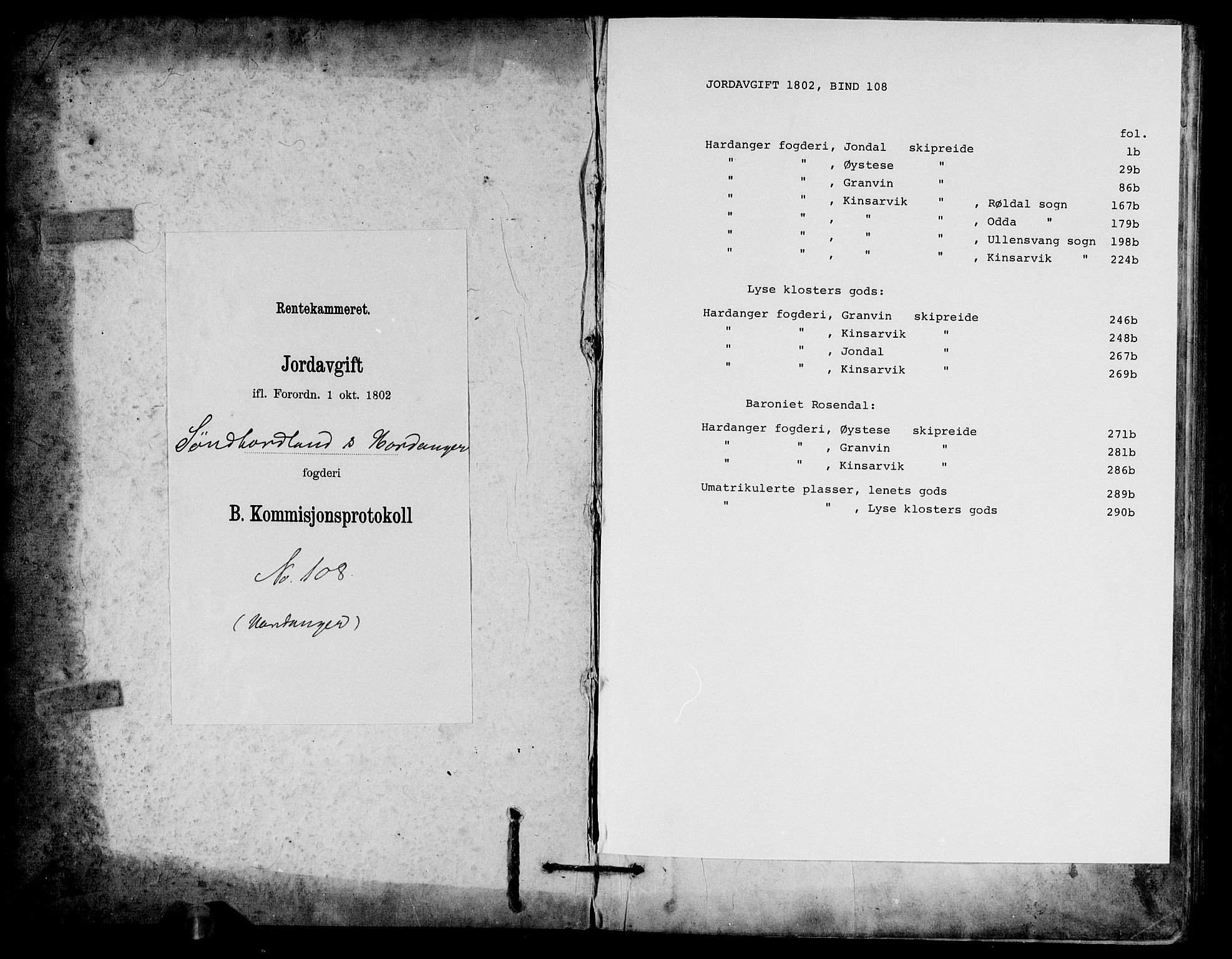 Rentekammeret inntil 1814, Realistisk ordnet avdeling, AV/RA-EA-4070/N/Ne/Nea/L0108: Sunnhordland og Hardanger fogderi. Kommisjonsprotokoll for Hardanger, 1803, p. 1