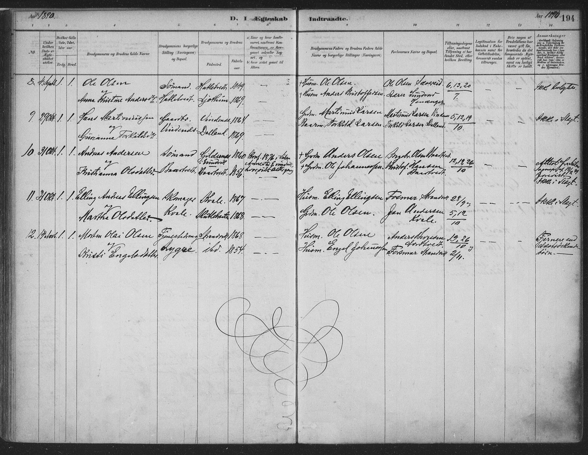 Fusa sokneprestembete, SAB/A-75401/H/Haa: Parish register (official) no. D 1, 1880-1938, p. 194