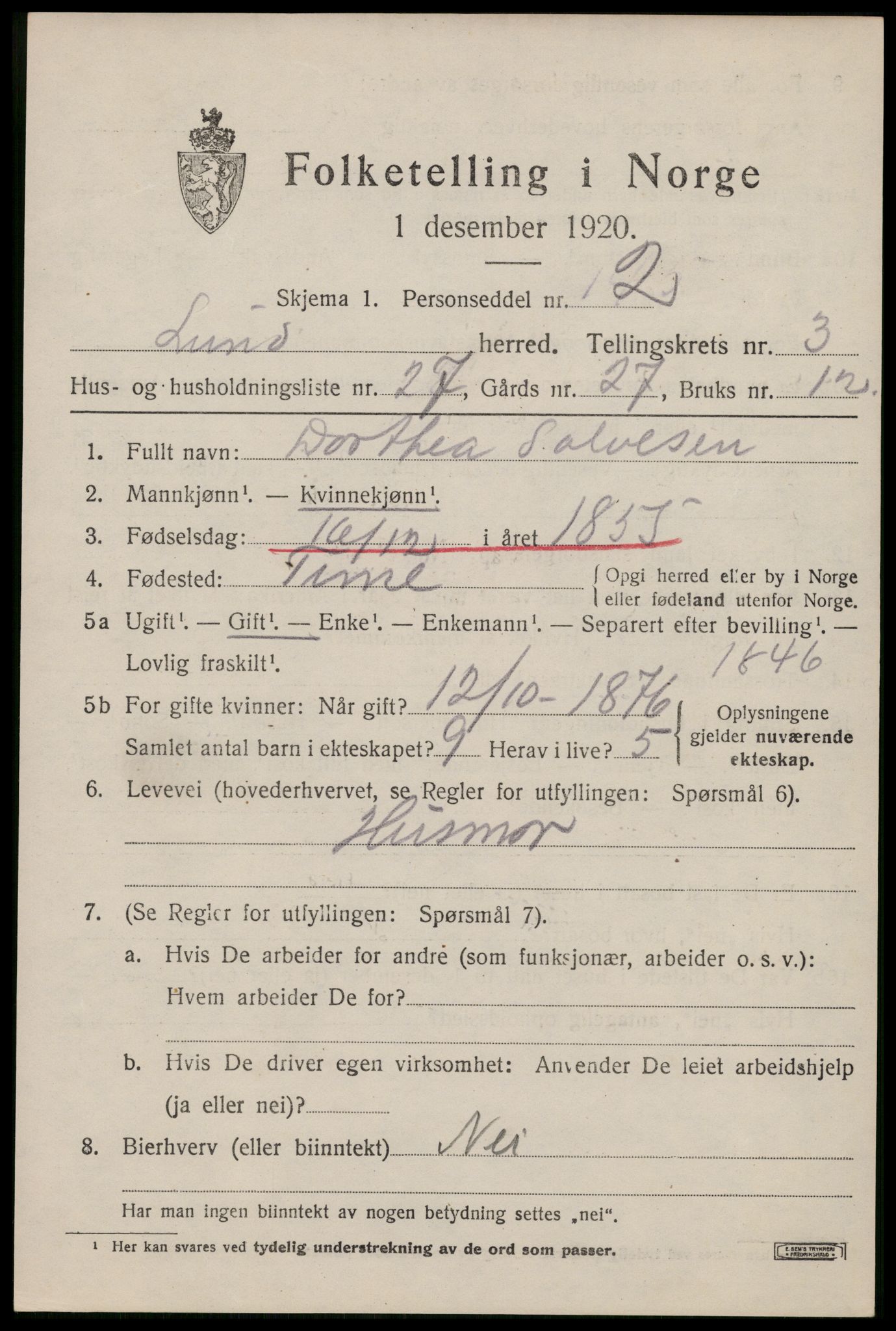 SAST, 1920 census for Lund, 1920, p. 1592