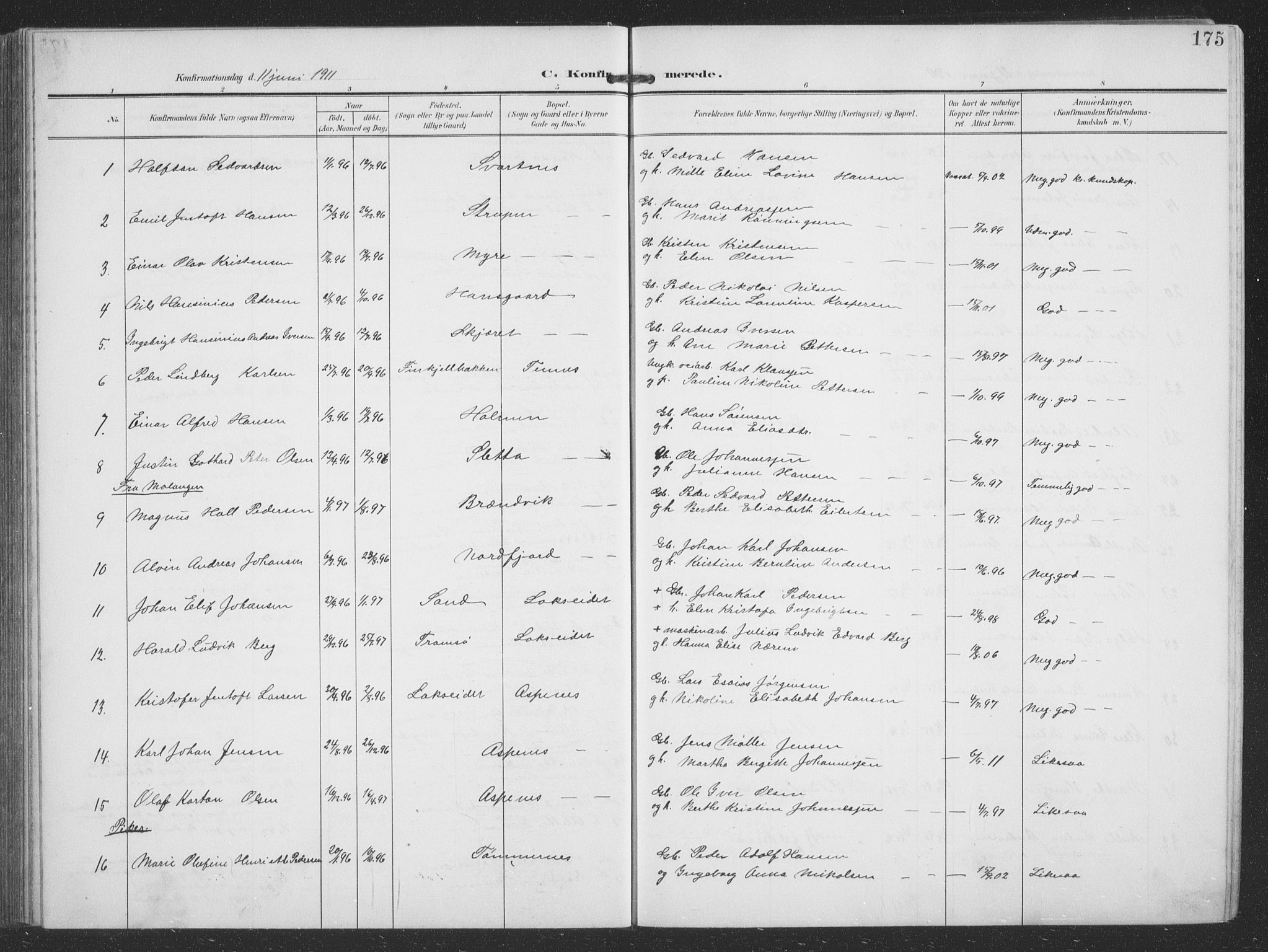 Balsfjord sokneprestembete, SATØ/S-1303/G/Ga/L0009klokker: Parish register (copy) no. 9, 1906-1920, p. 175