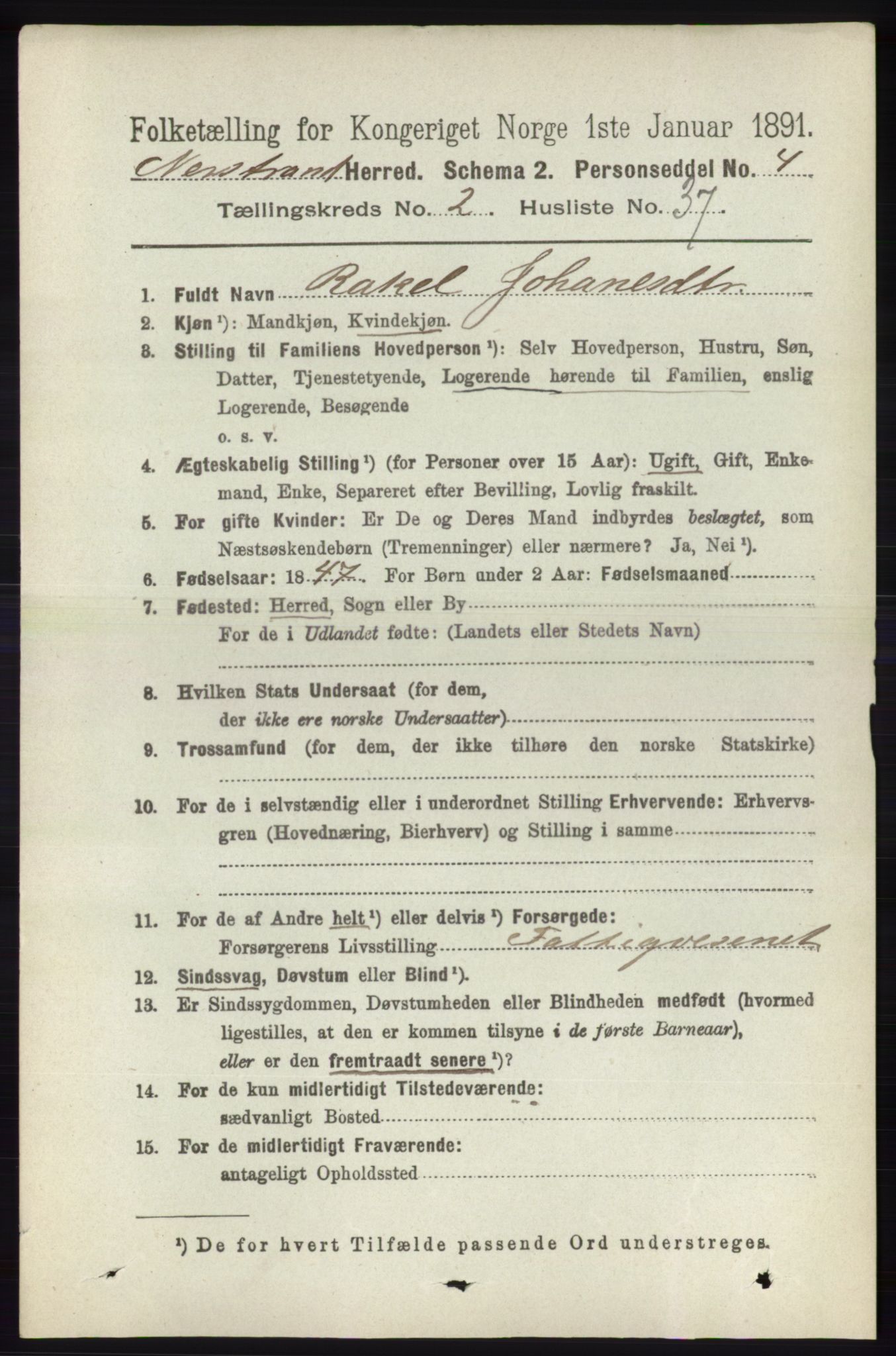 RA, 1891 census for 1139 Nedstrand, 1891, p. 411