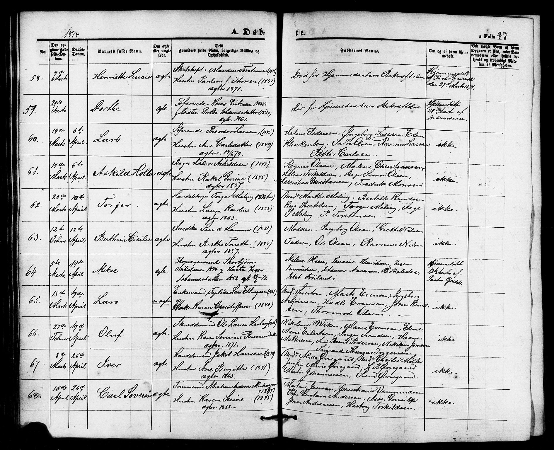 Domkirken sokneprestkontor, AV/SAST-A-101812/001/30/30BB/L0013: Parish register (copy) no. B 13, 1871-1880, p. 47
