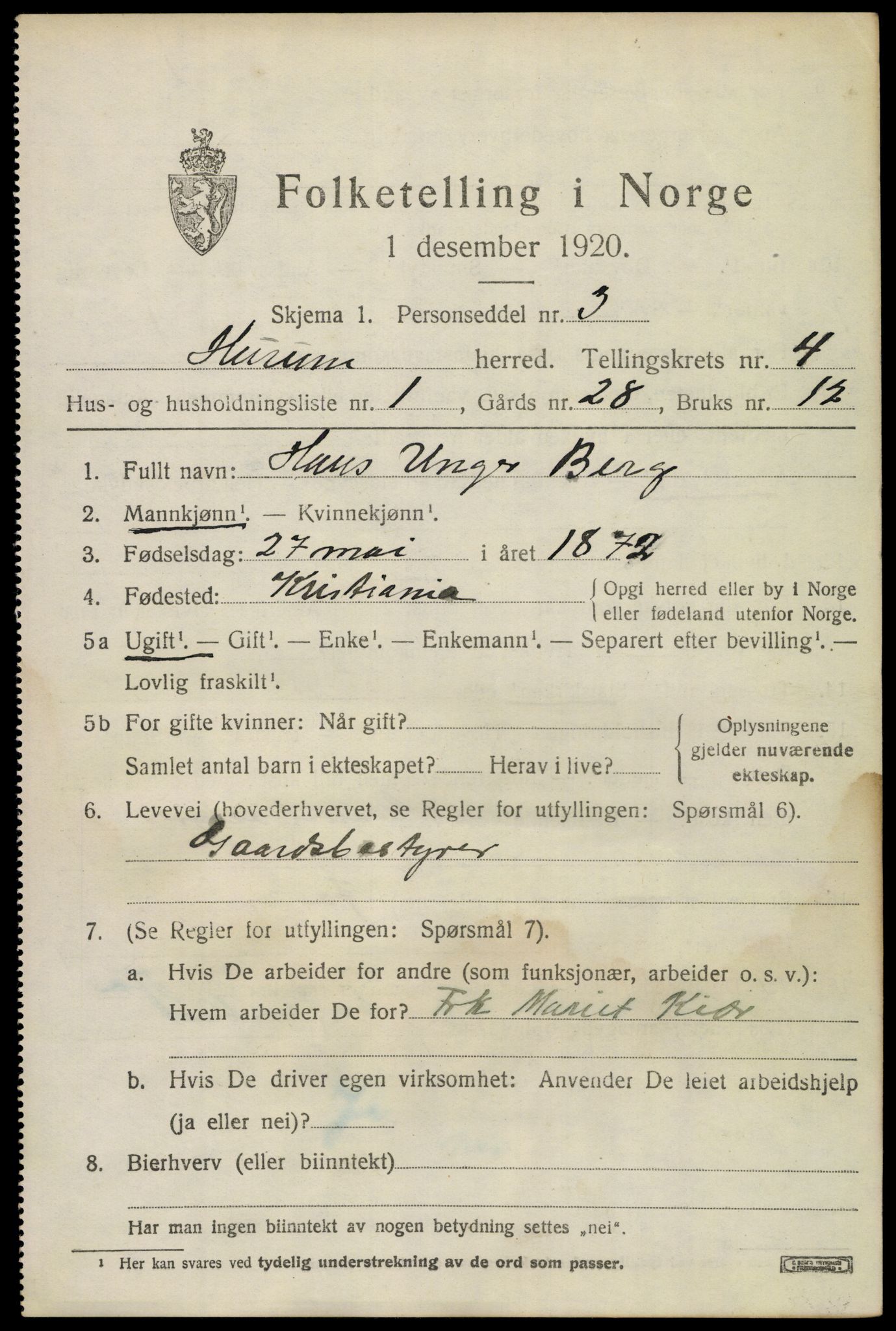 SAKO, 1920 census for Hurum, 1920, p. 5798