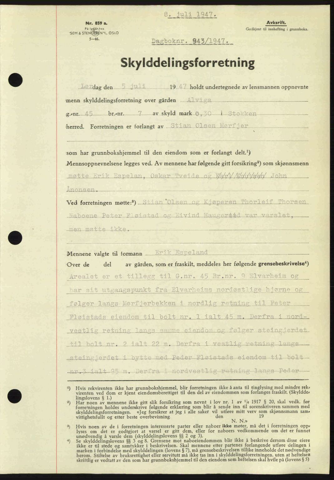 Nedenes sorenskriveri, SAK/1221-0006/G/Gb/Gba/L0057: Mortgage book no. A9, 1947-1947, Diary no: : 943/1947