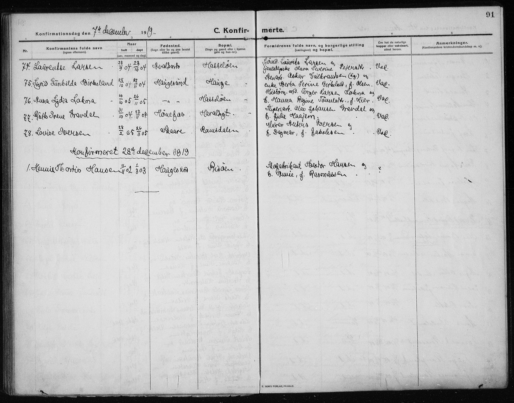 Haugesund sokneprestkontor, AV/SAST-A -101863/H/Ha/Haa/L0009: Parish register (official) no. A 9, 1914-1929, p. 91