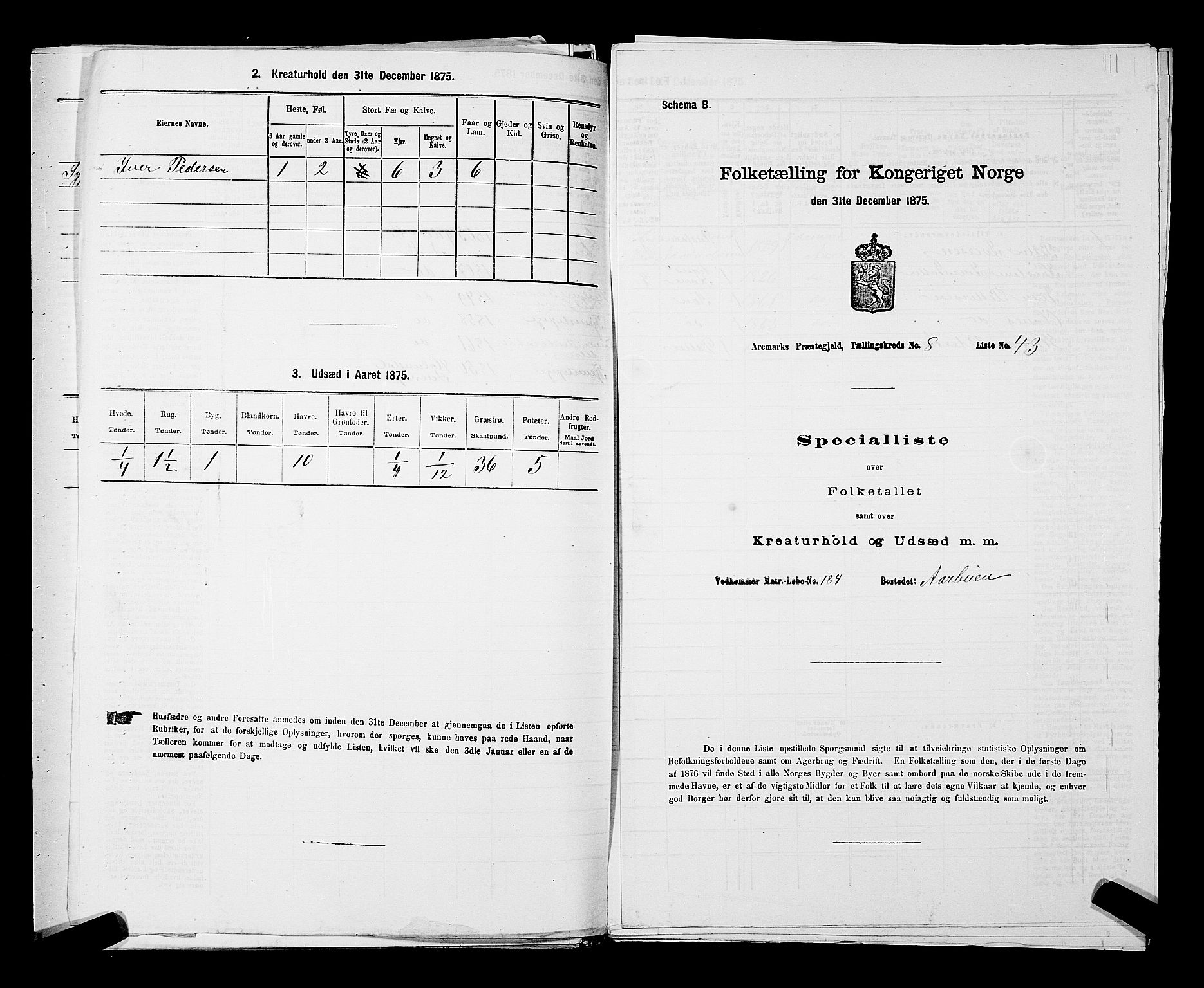 RA, 1875 census for 0118P Aremark, 1875, p. 1319