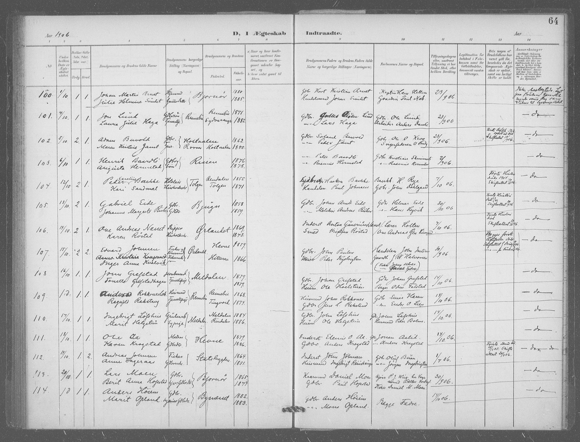 Ministerialprotokoller, klokkerbøker og fødselsregistre - Sør-Trøndelag, AV/SAT-A-1456/601/L0077: Curate's parish register no. 601B10, 1900-1907, p. 64