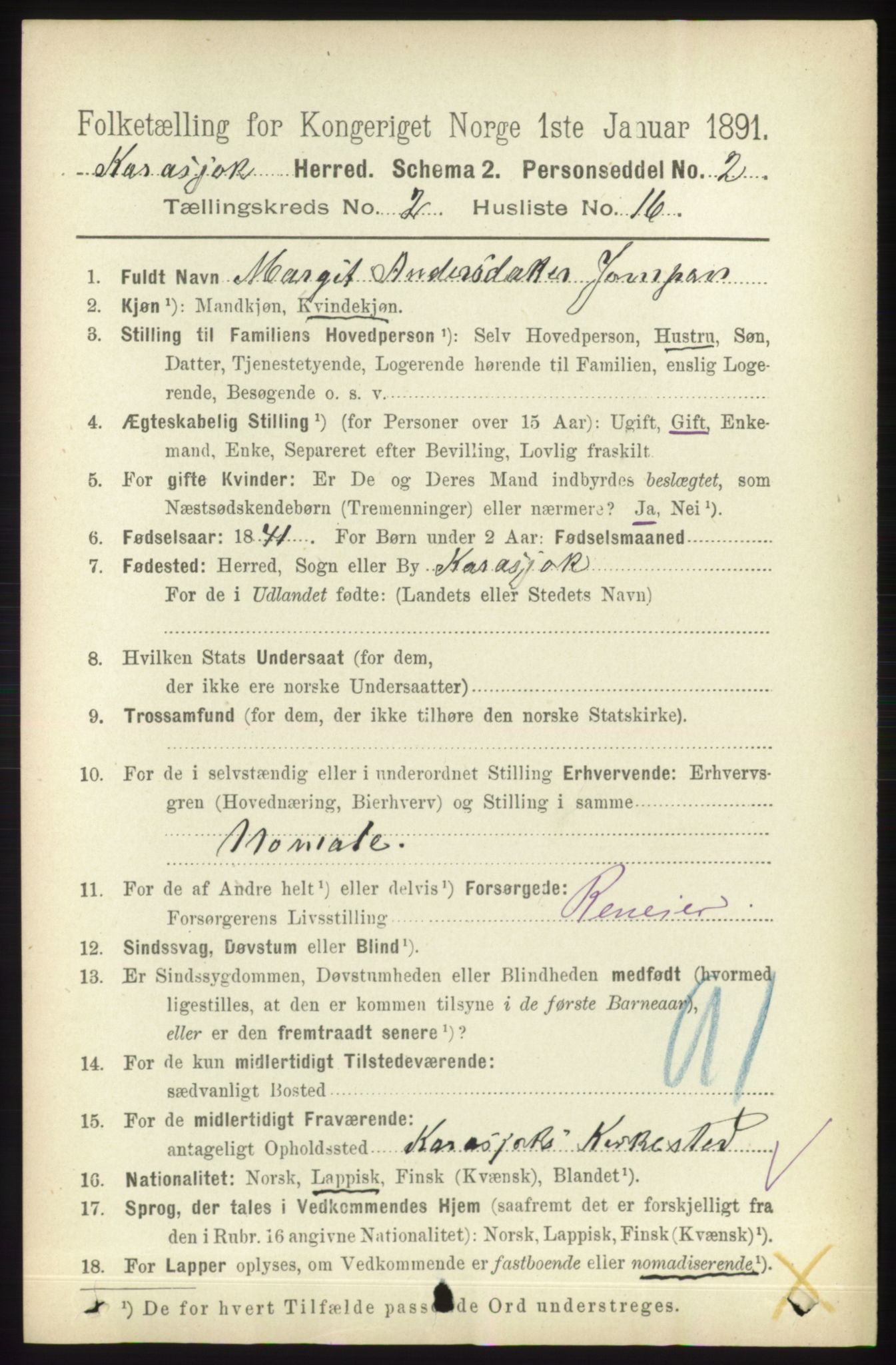 RA, 1891 census for 2021 Karasjok, 1891, p. 526