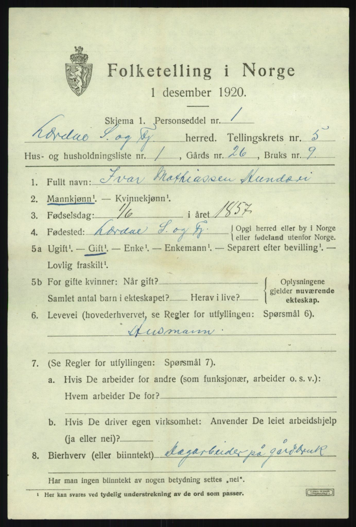 SAB, 1920 census for Lærdal, 1920, p. 2476