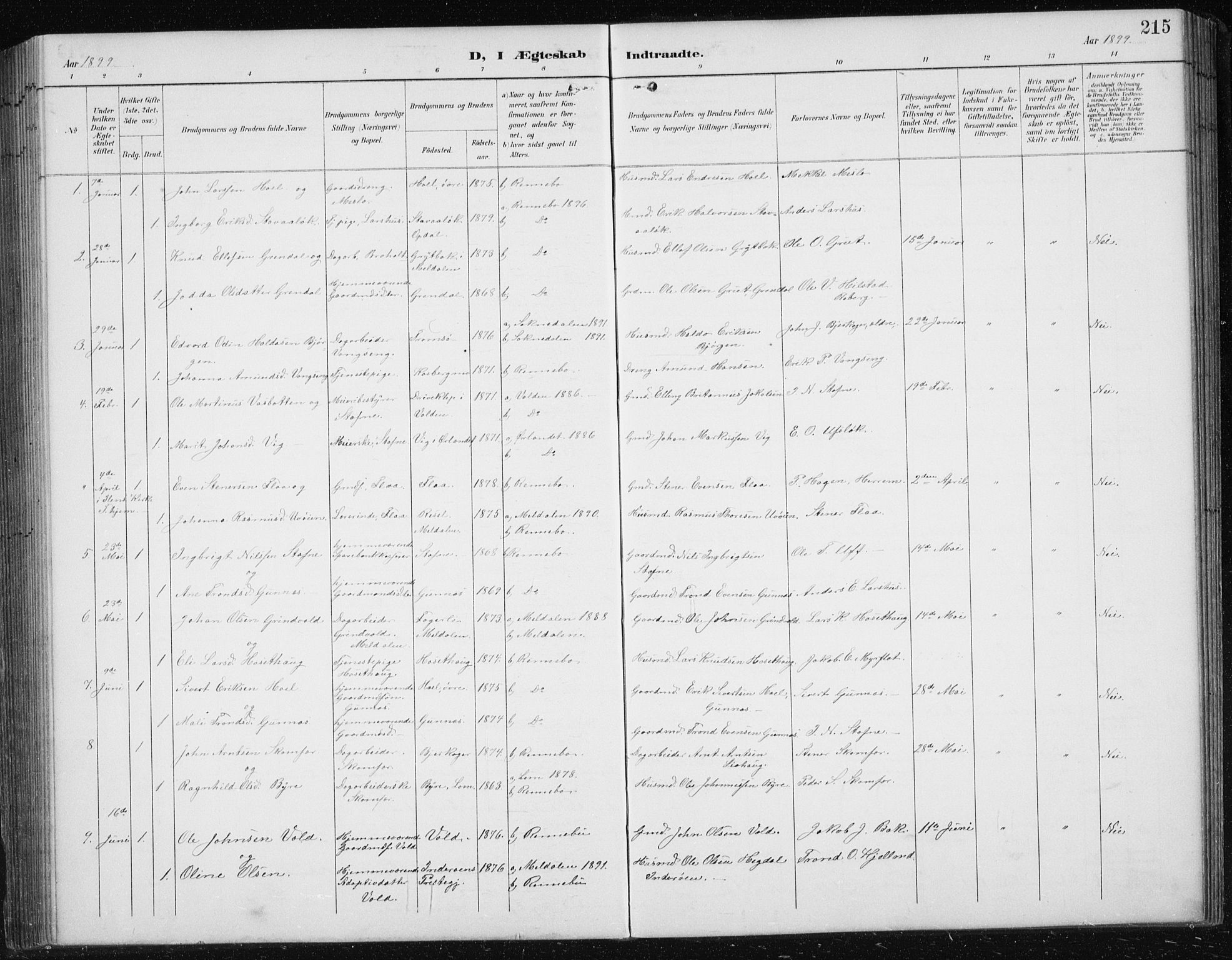 Ministerialprotokoller, klokkerbøker og fødselsregistre - Sør-Trøndelag, SAT/A-1456/674/L0876: Parish register (copy) no. 674C03, 1892-1912, p. 215