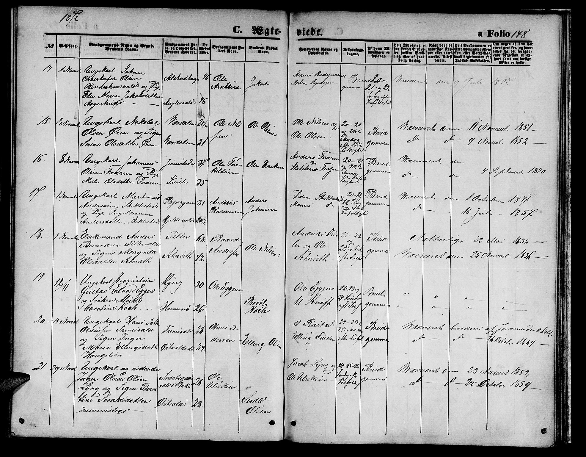 Ministerialprotokoller, klokkerbøker og fødselsregistre - Nord-Trøndelag, AV/SAT-A-1458/723/L0255: Parish register (copy) no. 723C03, 1869-1879, p. 148