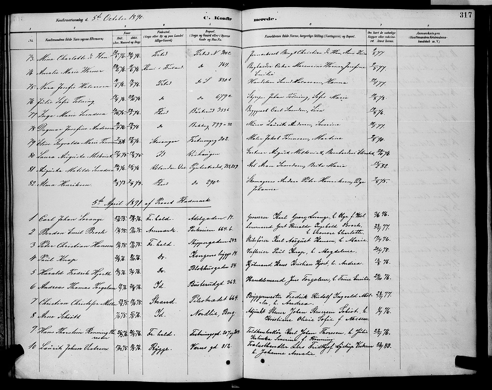 Halden prestekontor Kirkebøker, SAO/A-10909/G/Ga/L0008: Parish register (copy) no. 8, 1885-1899, p. 317