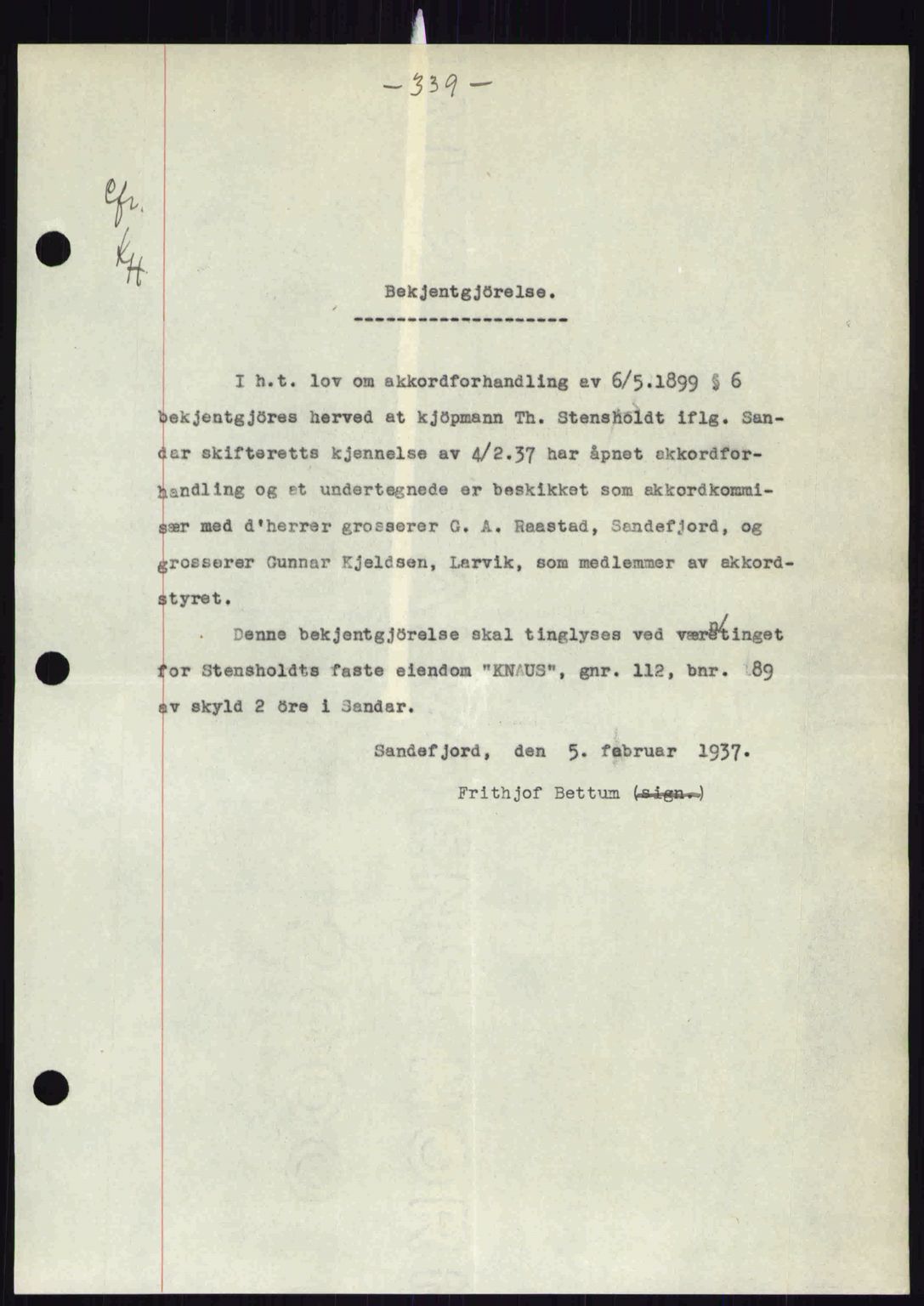 Sandar sorenskriveri, SAKO/A-86/G/Ga/Gab/L0001: Mortgage book no. B-1 og B-3 - B-9, 1936-1944, Diary no: : 102/1937