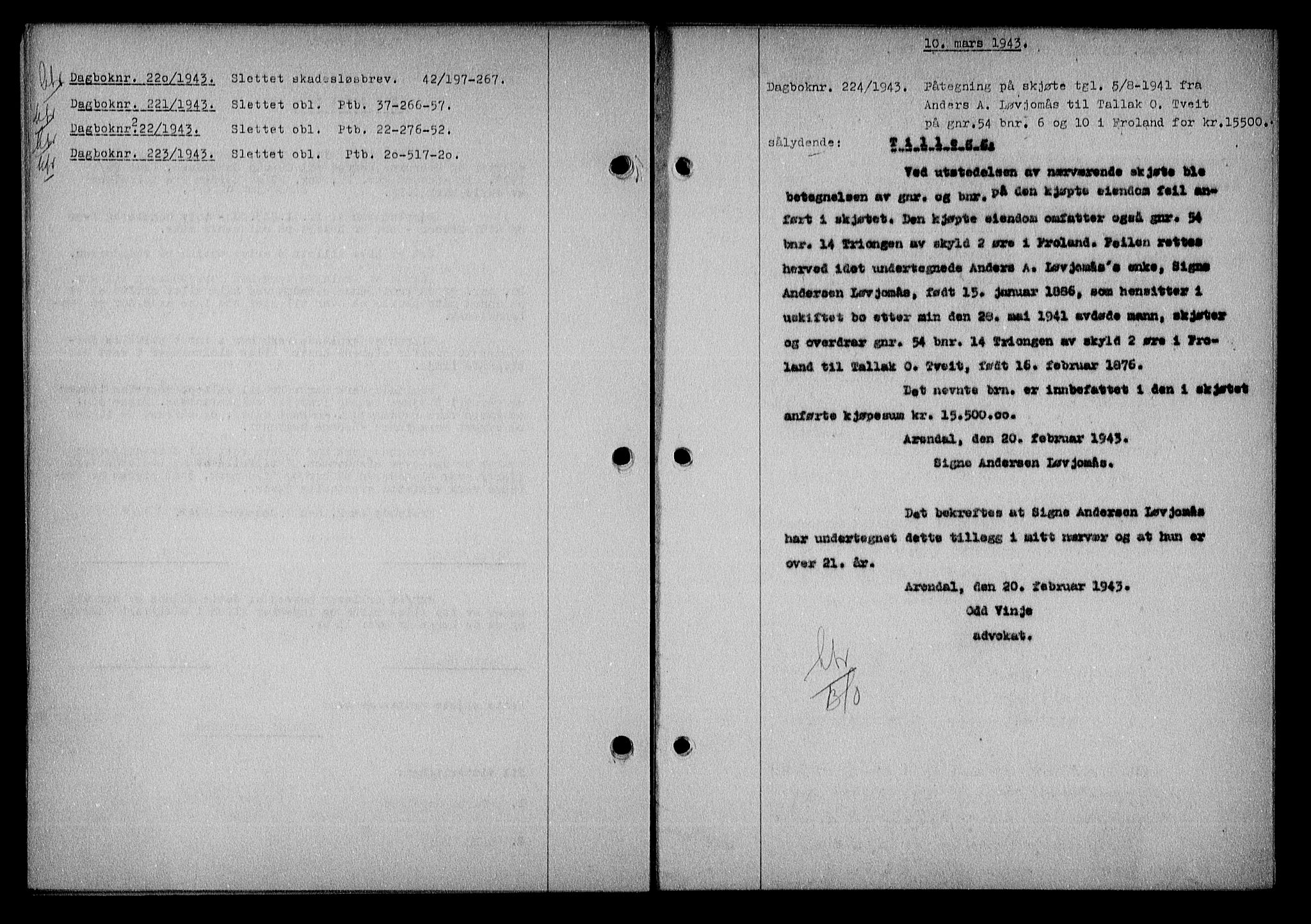 Nedenes sorenskriveri, SAK/1221-0006/G/Gb/Gba/L0050: Mortgage book no. A-IV, 1942-1943, Diary no: : 224/1943