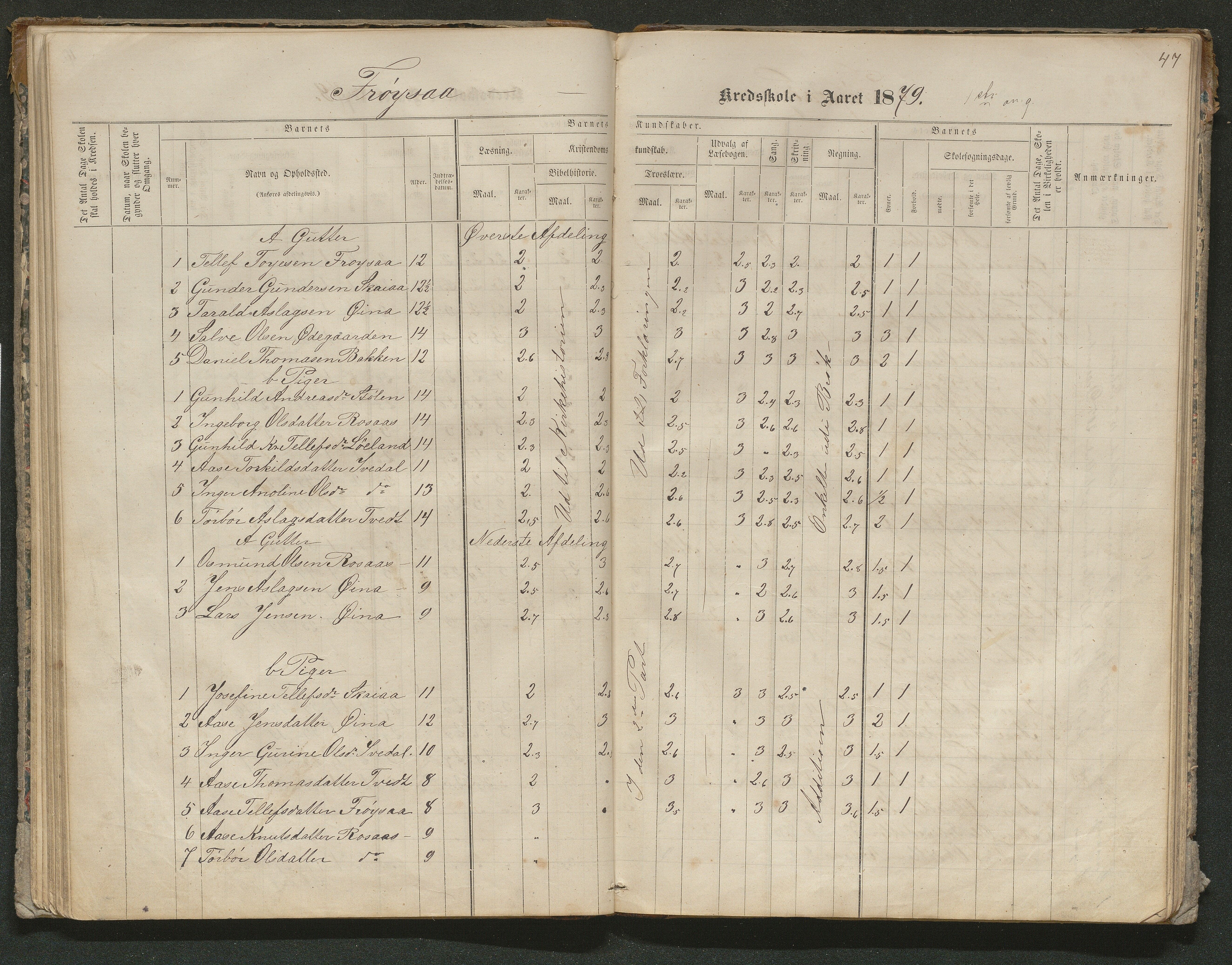 Iveland kommune, De enkelte kretsene/Skolene, AAKS/KA0935-550/A_10/L0005: Skoleprotokoll for Frøyså og Mykland krets, 1864-1881, p. 47