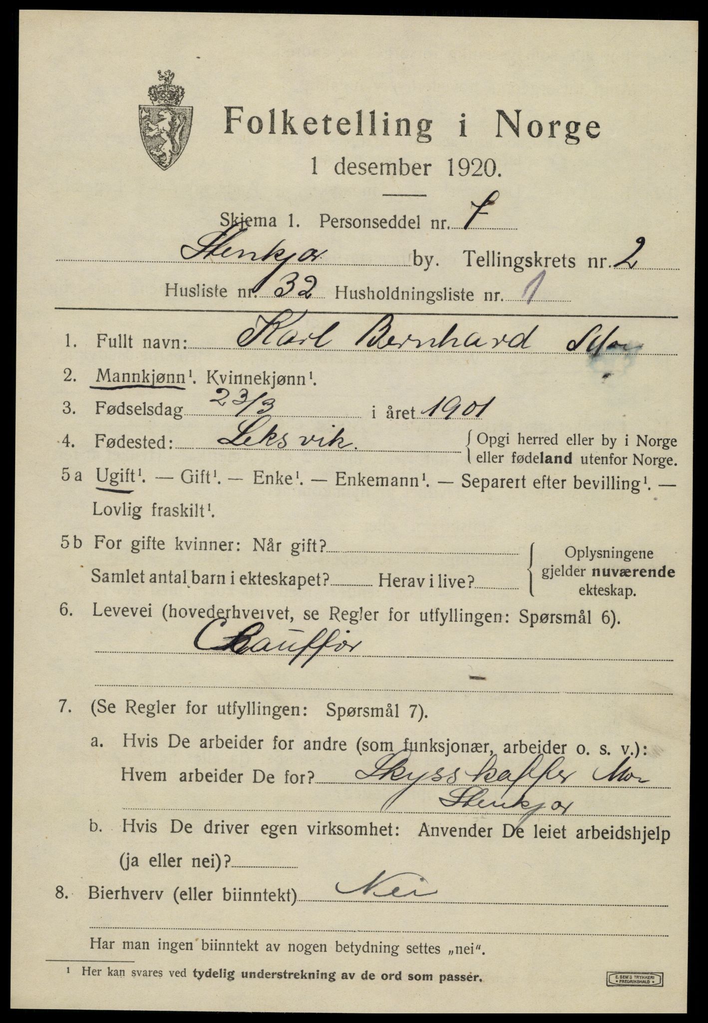 SAT, 1920 census for Steinkjer, 1920, p. 4864