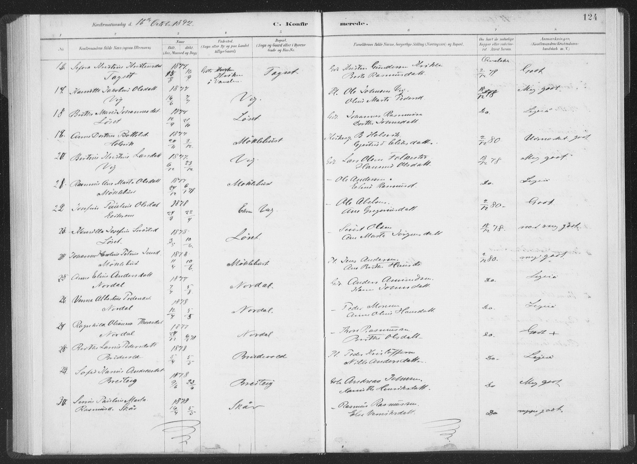 Ministerialprotokoller, klokkerbøker og fødselsregistre - Møre og Romsdal, AV/SAT-A-1454/502/L0025: Parish register (official) no. 502A03, 1885-1909, p. 124