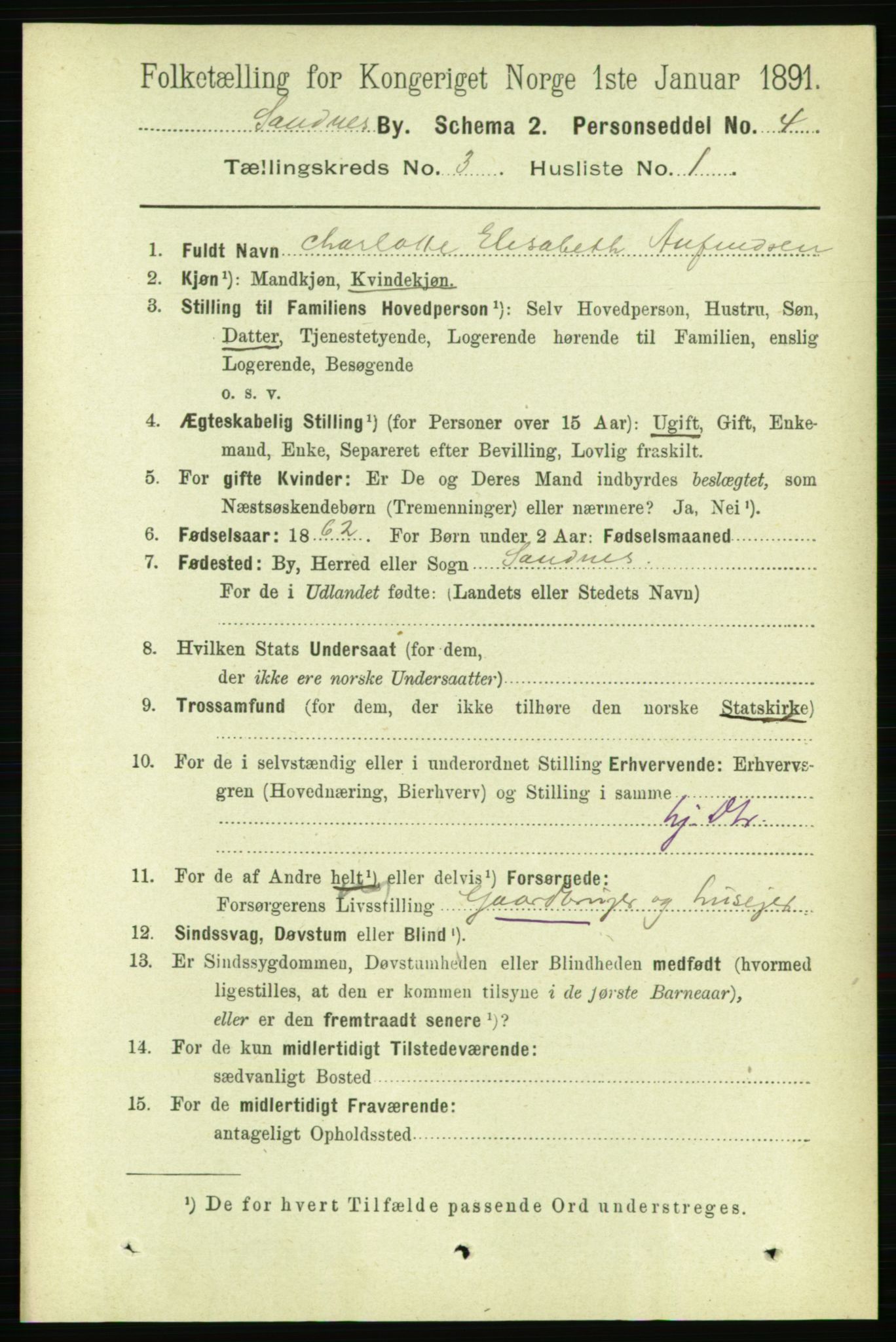 RA, 1891 census for 1102 Sandnes, 1891, p. 1465