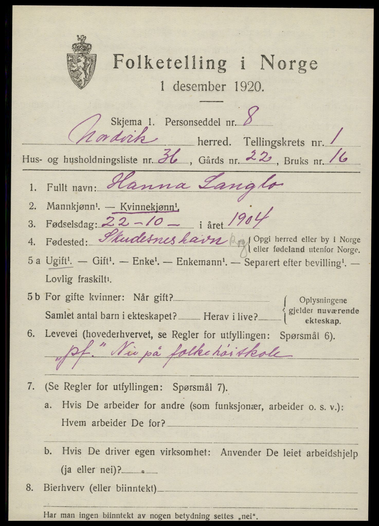 SAT, 1920 census for Nordvik, 1920, p. 1034