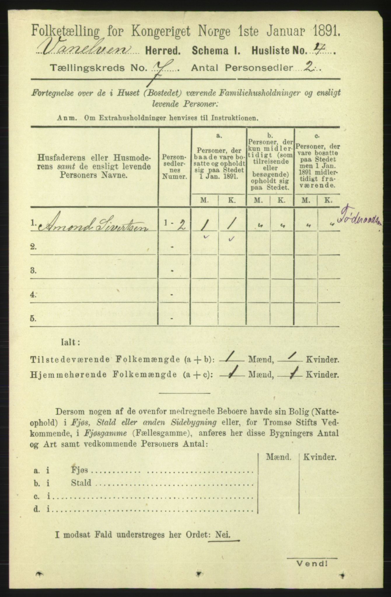 RA, 1891 census for 1511 Vanylven, 1891, p. 3098