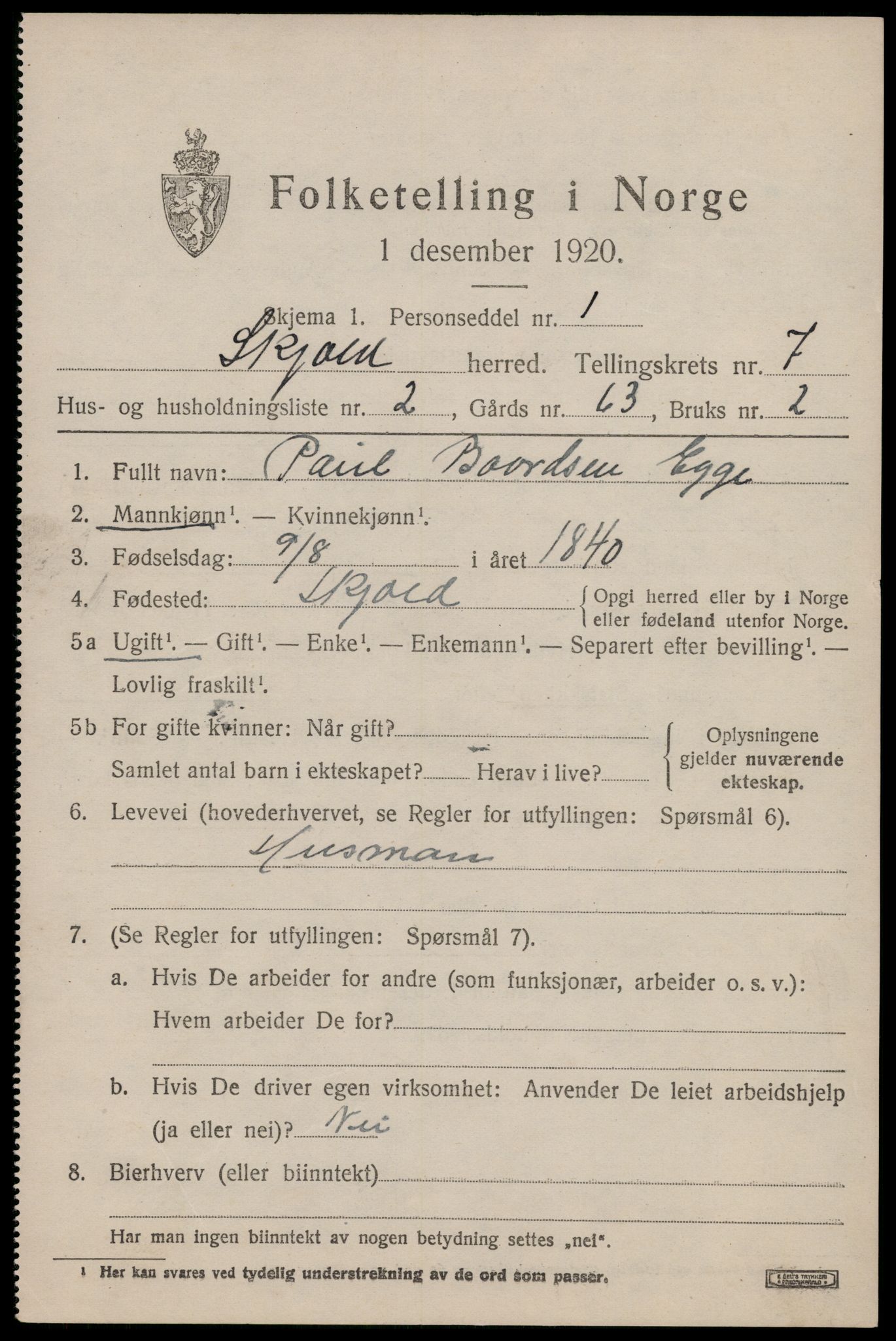 SAST, 1920 census for Skjold, 1920, p. 3894