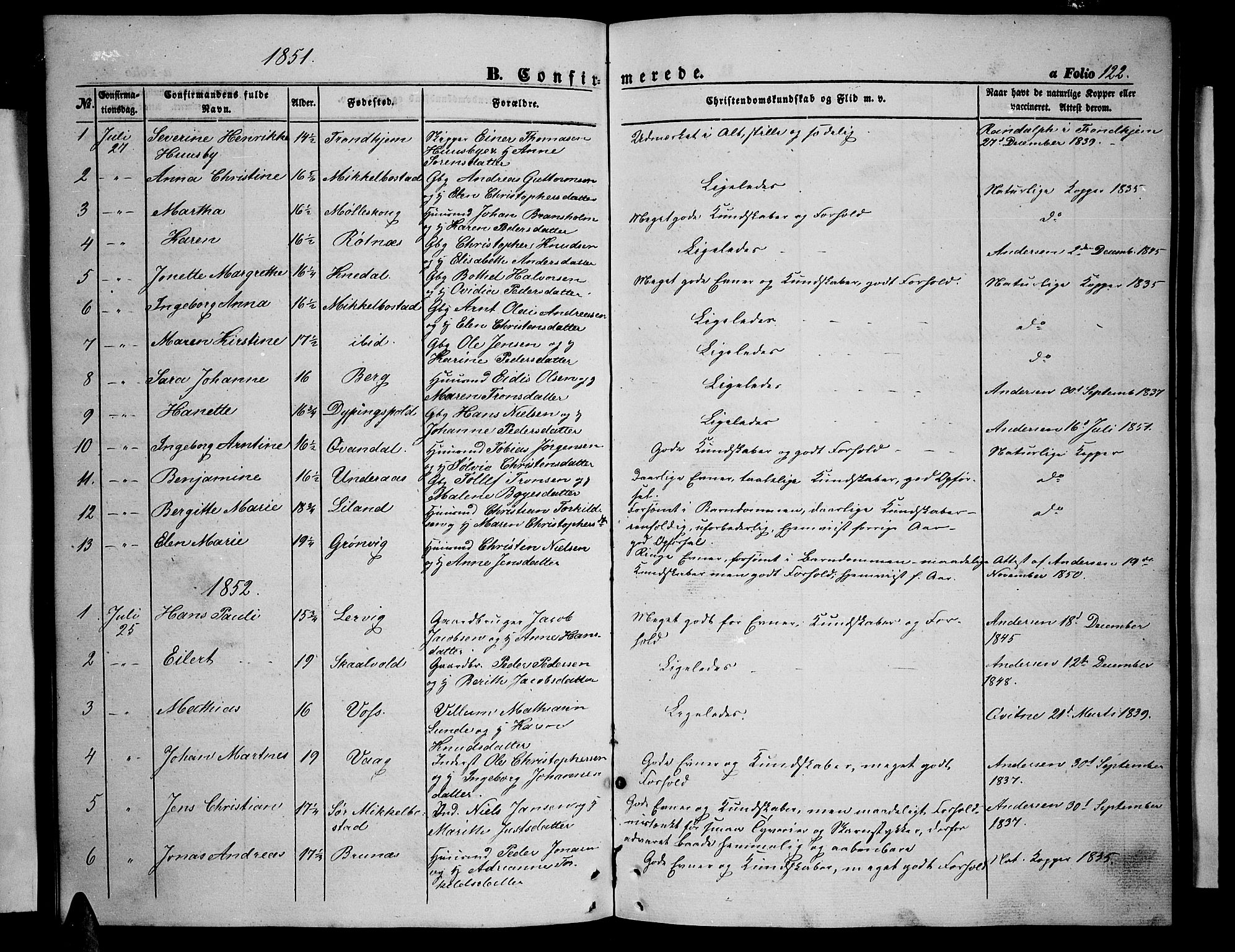 Ministerialprotokoller, klokkerbøker og fødselsregistre - Nordland, SAT/A-1459/855/L0814: Parish register (copy) no. 855C03, 1851-1864, p. 122