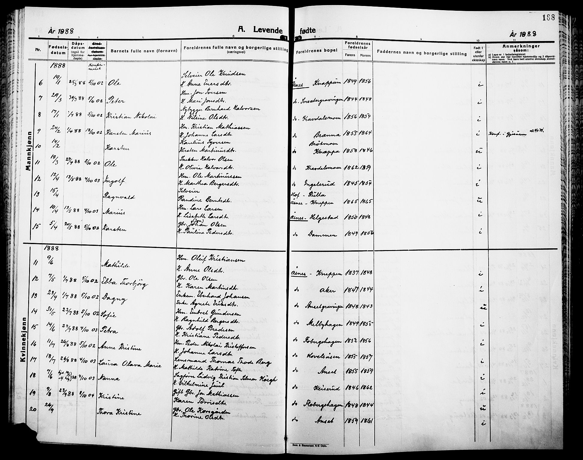 Åsnes prestekontor, SAH/PREST-042/H/Ha/Haa/L0000B: Parish register (official), 1870-1889, p. 188