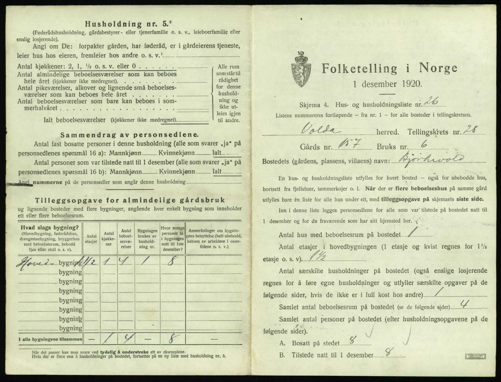 SAT, 1920 census for Volda, 1920, p. 1806