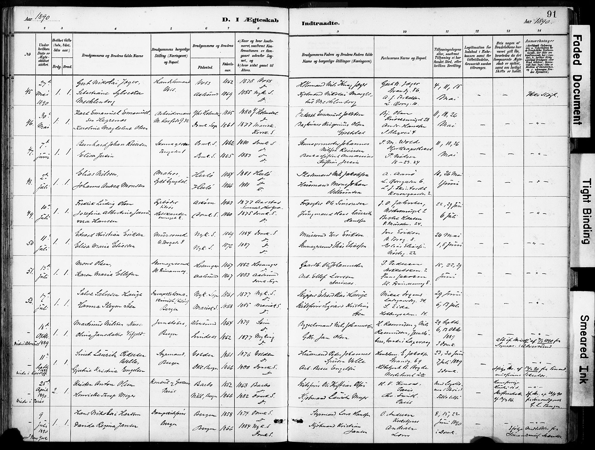 Domkirken sokneprestembete, SAB/A-74801/H/Haa/L0037: Parish register (official) no. D 4, 1880-1907, p. 91