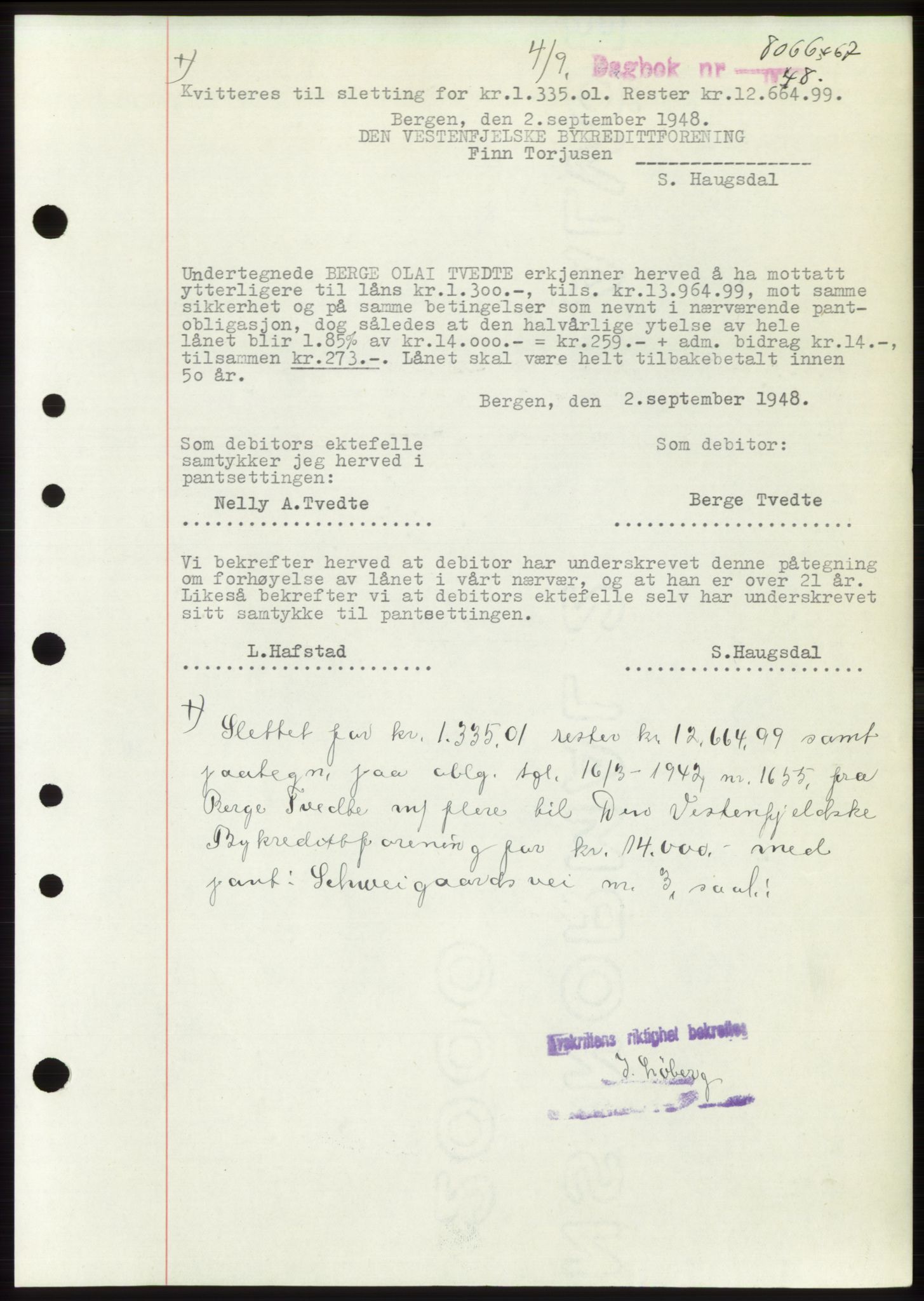 Byfogd og Byskriver i Bergen, AV/SAB-A-3401/03/03Bd/L0003: Mortgage book no. B29-39, 1947-1950, Diary no: : 8066/1948
