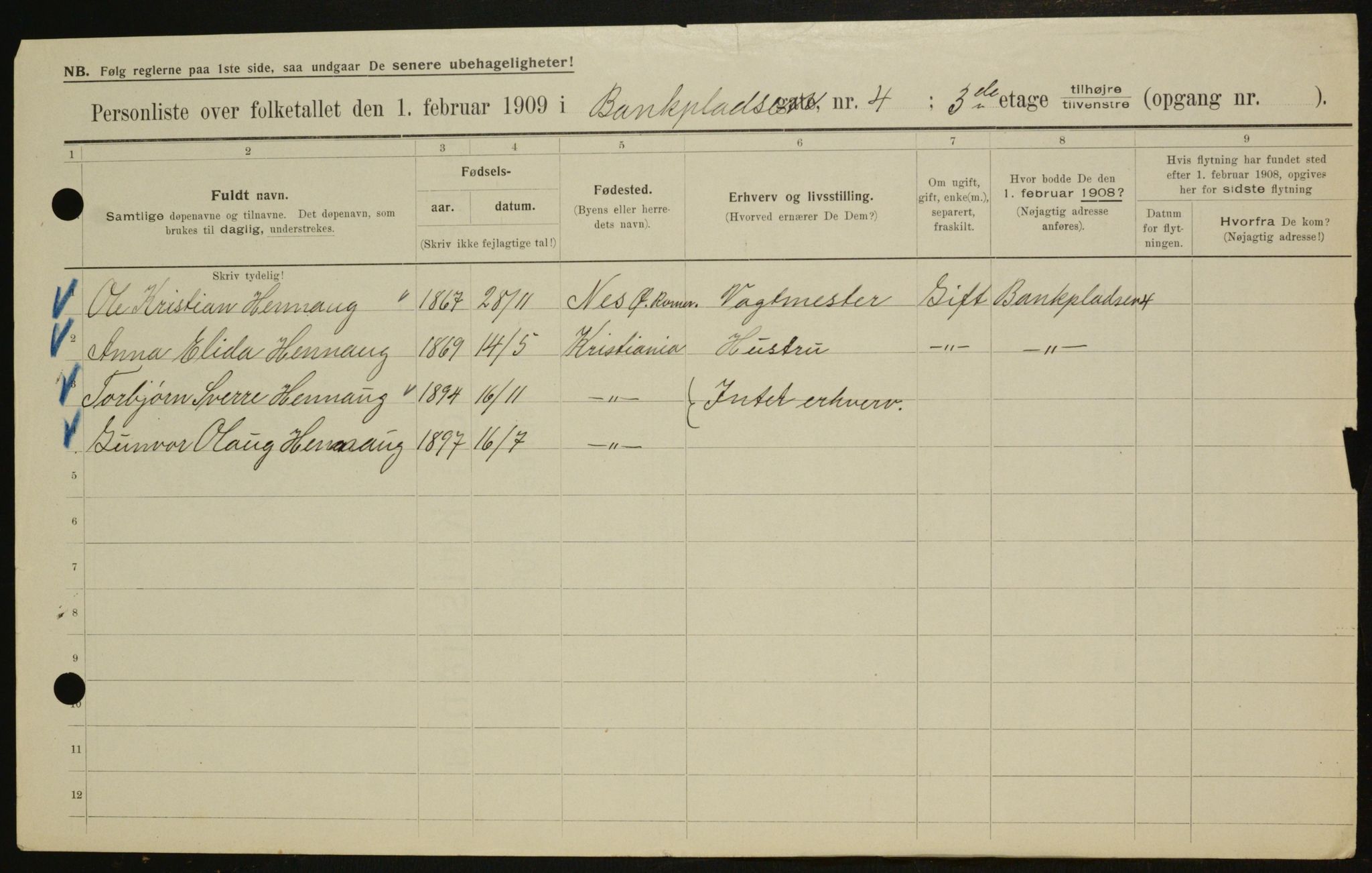 OBA, Municipal Census 1909 for Kristiania, 1909, p. 3099