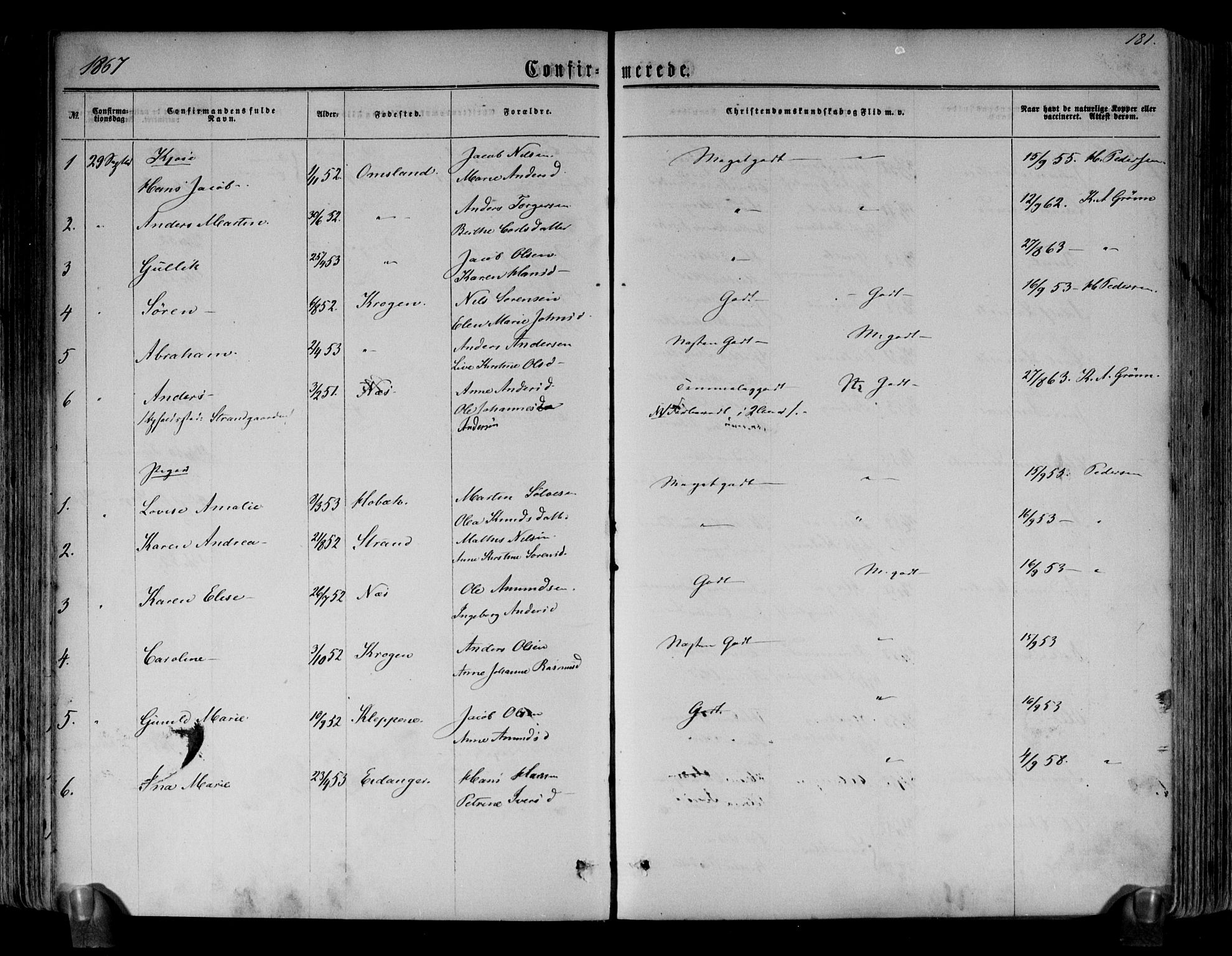 Brunlanes kirkebøker, AV/SAKO-A-342/F/Fa/L0005: Parish register (official) no. I 5, 1862-1877, p. 181