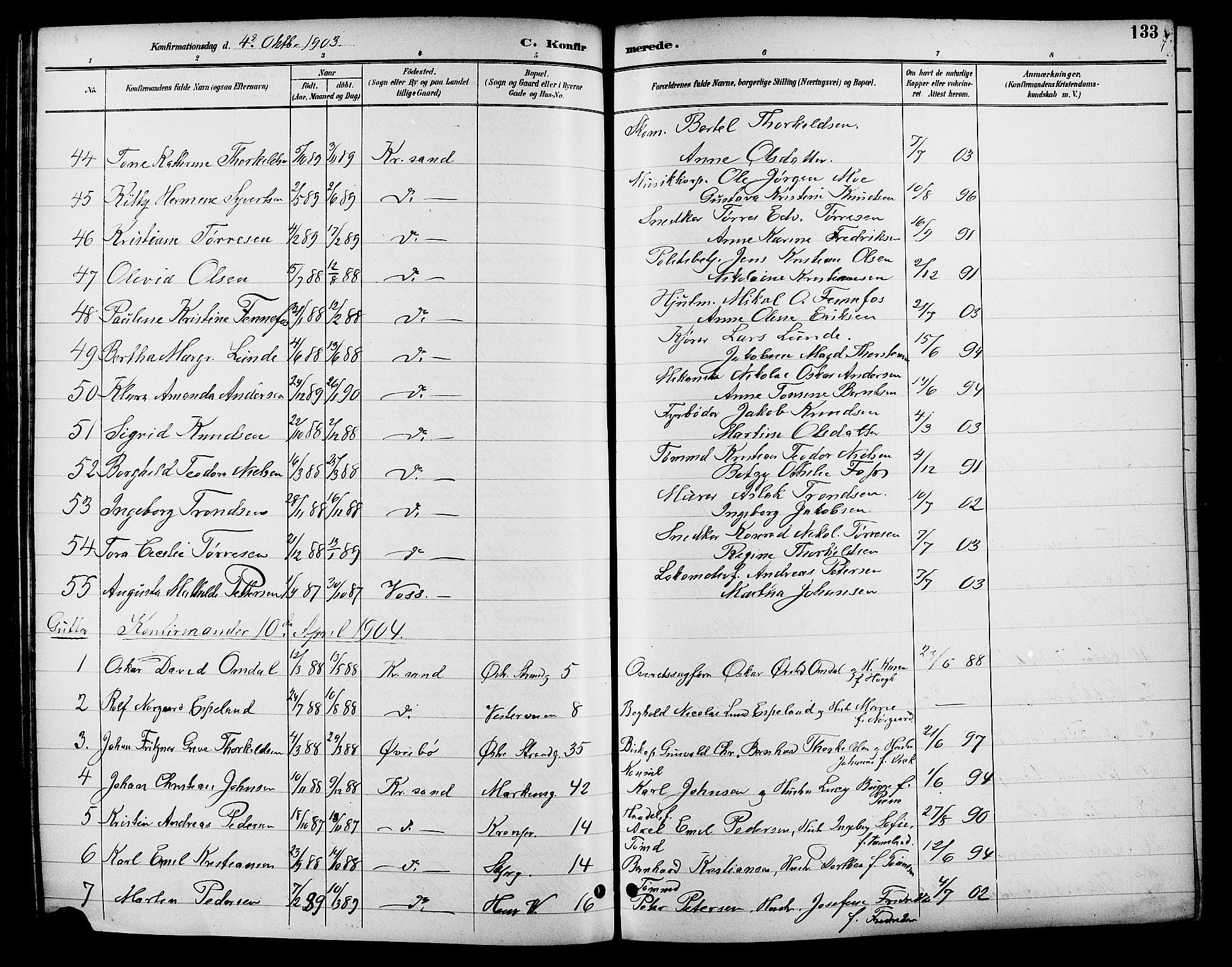 Kristiansand domprosti, SAK/1112-0006/F/Fb/L0017: Parish register (copy) no. B 17, 1893-1906, p. 133