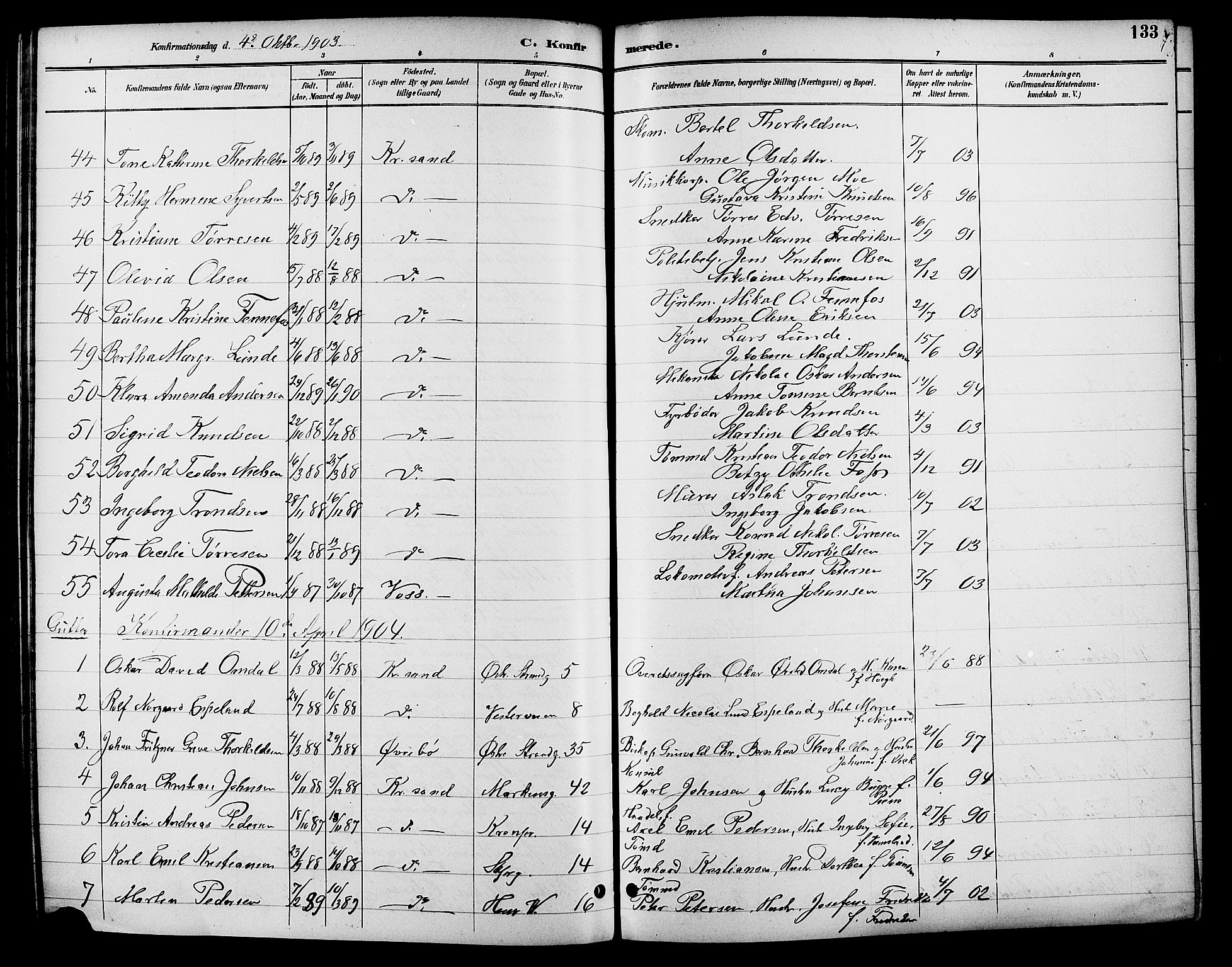 Kristiansand domprosti, AV/SAK-1112-0006/F/Fb/L0017: Parish register (copy) no. B 17, 1893-1906, p. 133