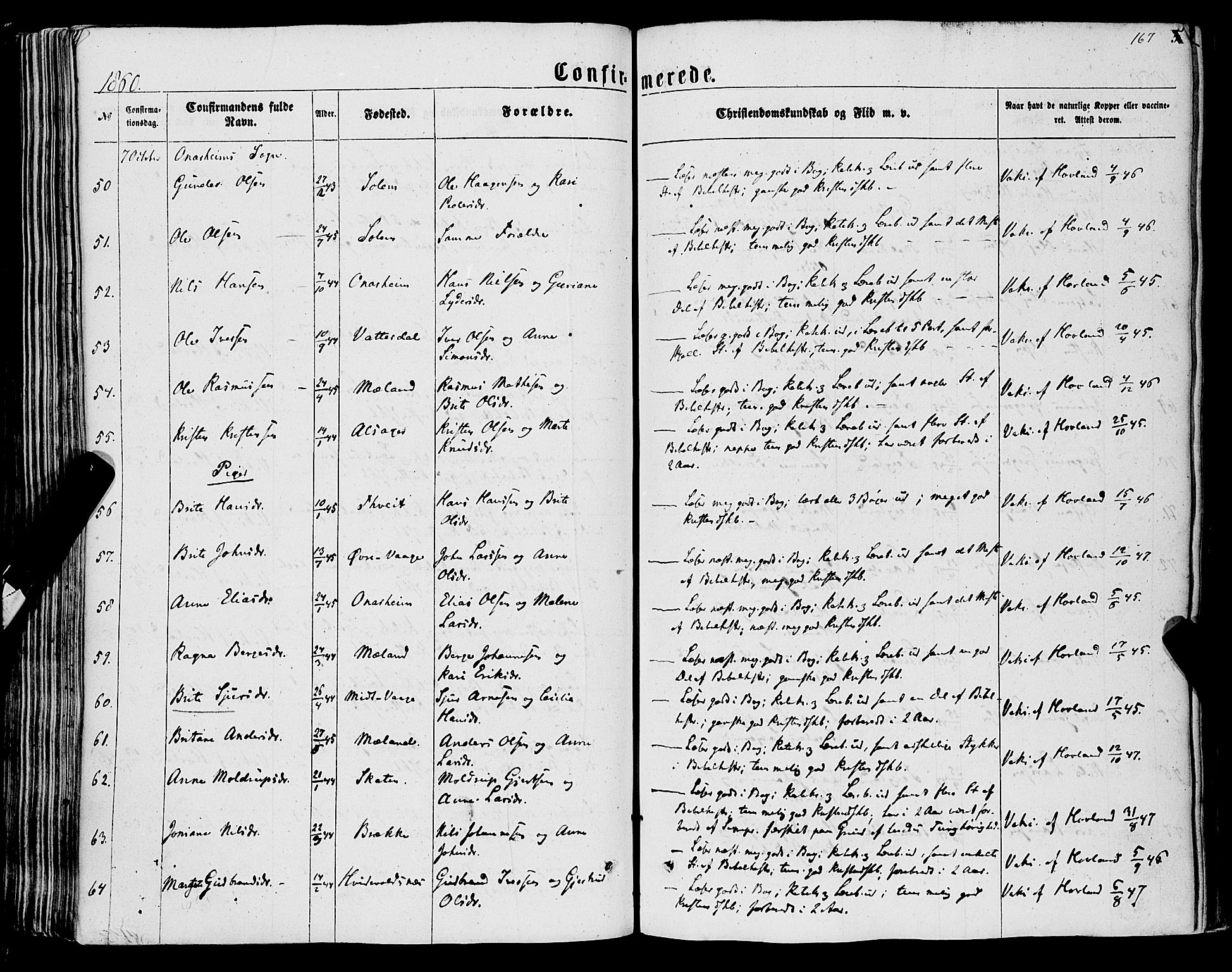 Tysnes sokneprestembete, SAB/A-78601/H/Haa: Parish register (official) no. A 11, 1860-1871, p. 167