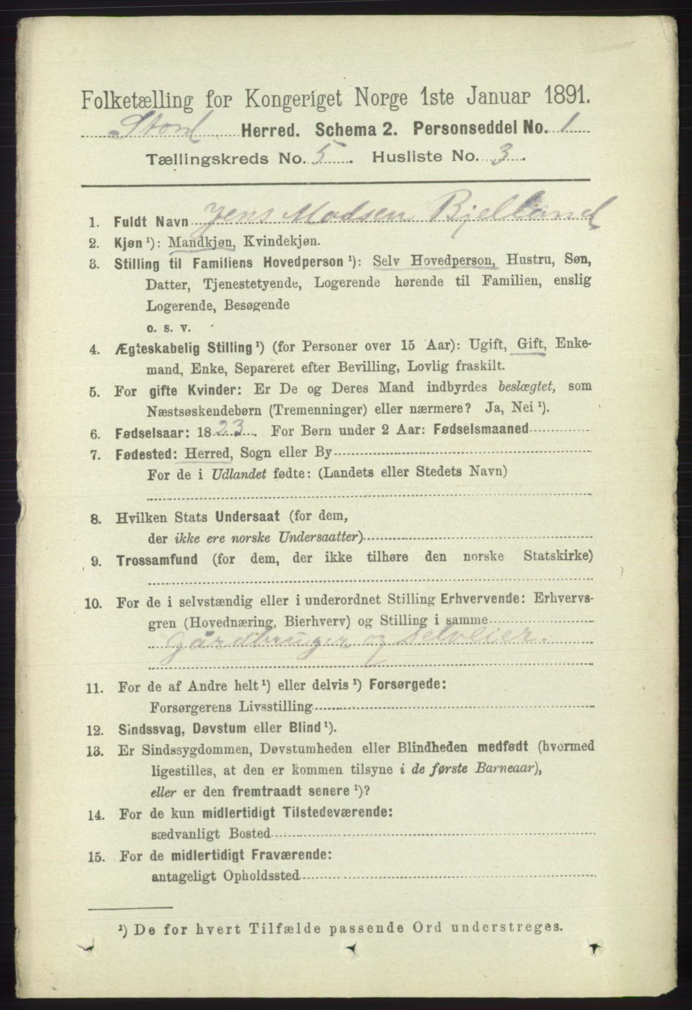 RA, 1891 census for 1221 Stord, 1891, p. 1664