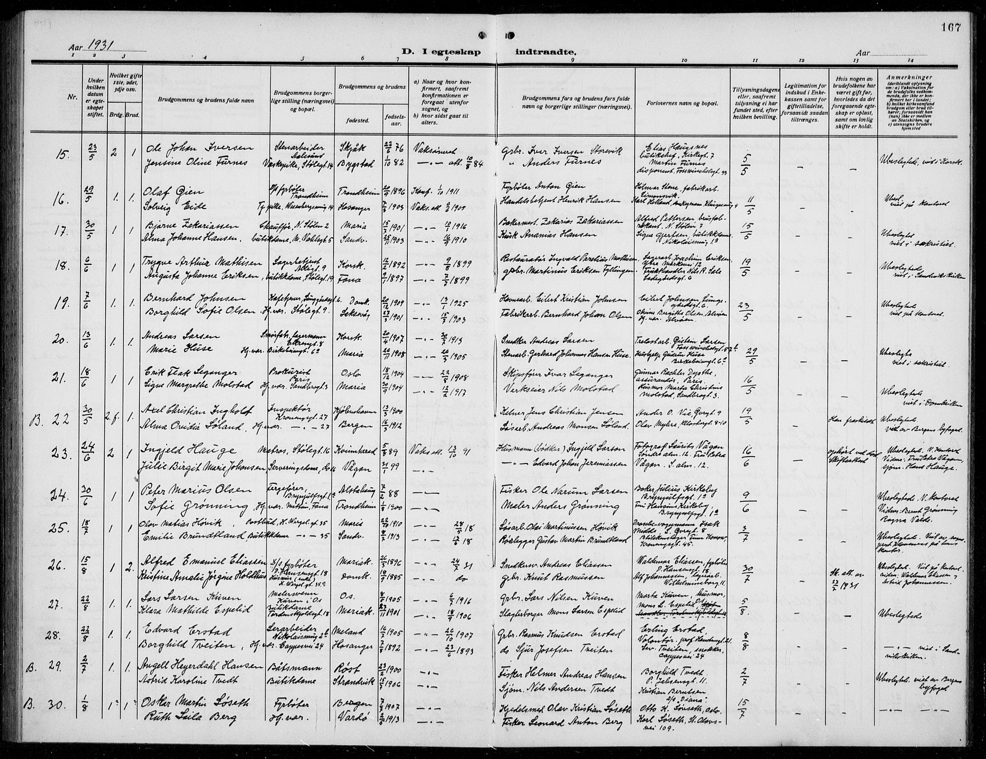 Mariakirken Sokneprestembete, SAB/A-76901/H/Hab/L0010: Parish register (copy) no. A 10, 1920-1937, p. 167