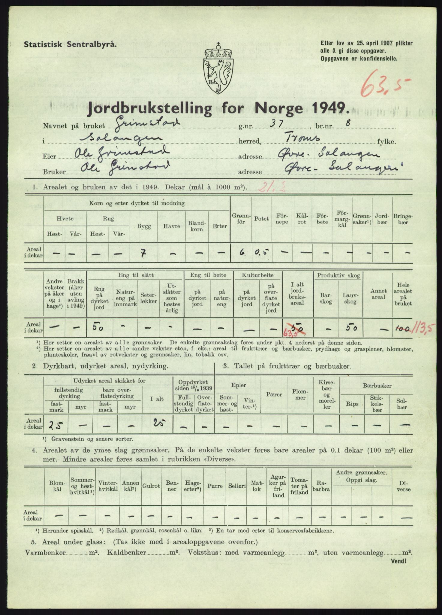 Statistisk sentralbyrå, Næringsøkonomiske emner, Jordbruk, skogbruk, jakt, fiske og fangst, AV/RA-S-2234/G/Gc/L0438: Troms: Salangen og Bardu, 1949, p. 782