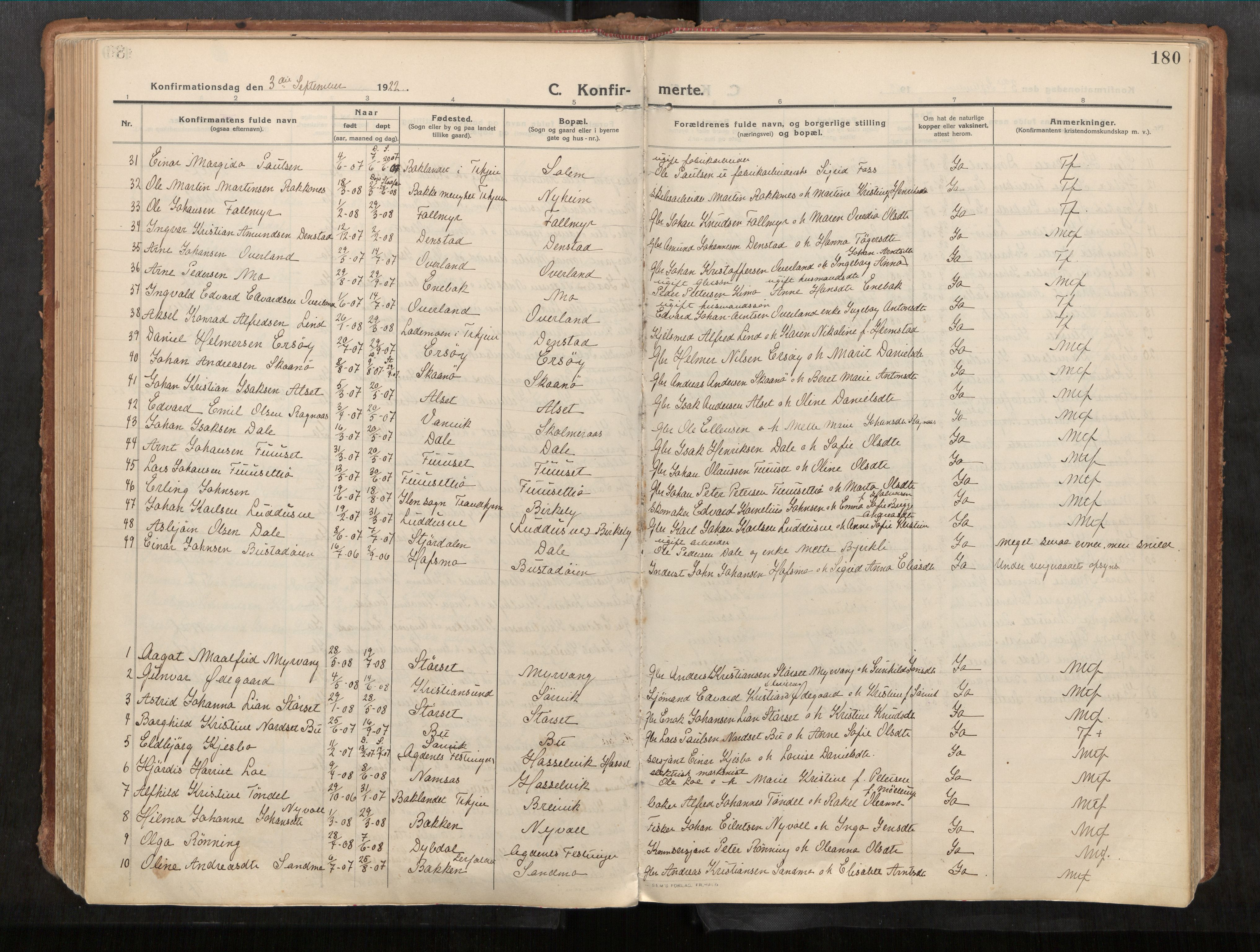 Stadsbygd sokneprestkontor, AV/SAT-A-1117/1/I/I1/I1a/L0001: Parish register (official) no. 1, 1911-1929, p. 180