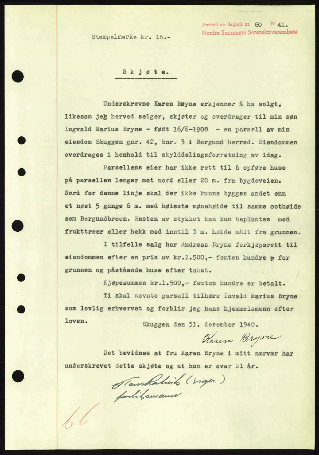 Nordre Sunnmøre sorenskriveri, AV/SAT-A-0006/1/2/2C/2Ca: Mortgage book no. A10, 1940-1941, Diary no: : 60/1941