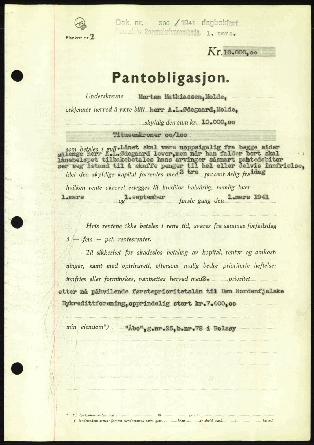 Romsdal sorenskriveri, AV/SAT-A-4149/1/2/2C: Mortgage book no. B2, 1939-1945, Diary no: : 306/1941